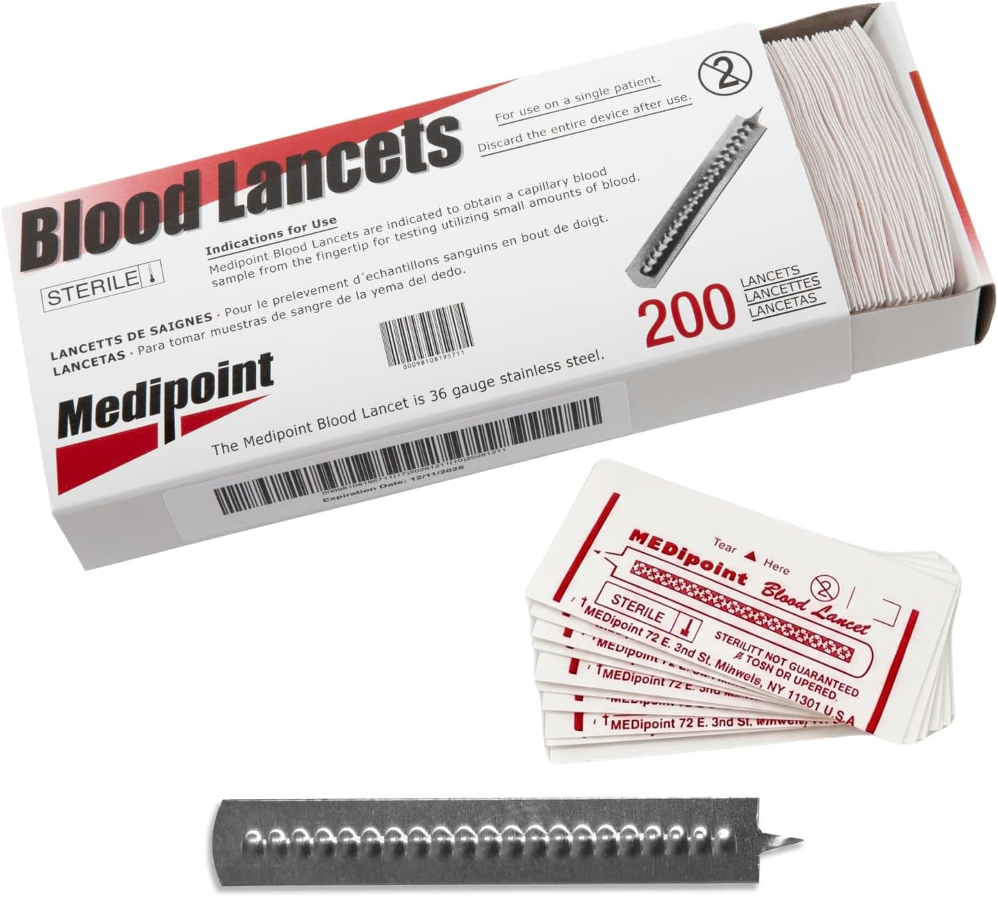 MEDIPOINT Stainless Steel Lancets – 200 Count | Sterile, Disposable, Individually Wrapped | Ultra-Keen Needle Point for Fingertip Blood Sampling and Precision Skin Care | Made in USA