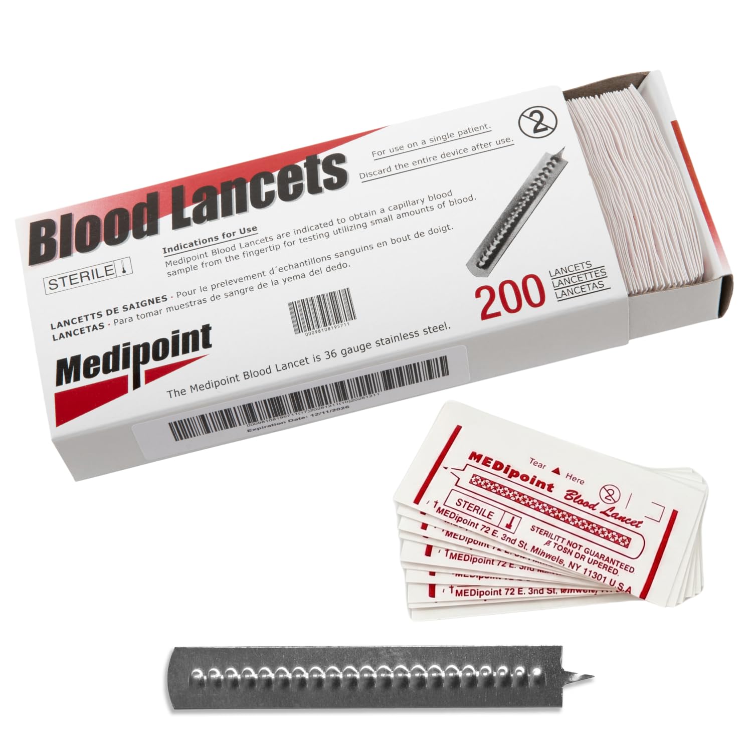 MEDIPOINT Stainless Steel Lancets – 200 Count | Sterile, Disposable, Individually Wrapped | Ultra-Keen Needle Point for Fingertip Blood Sampling and Precision Skin Care | Made in USA