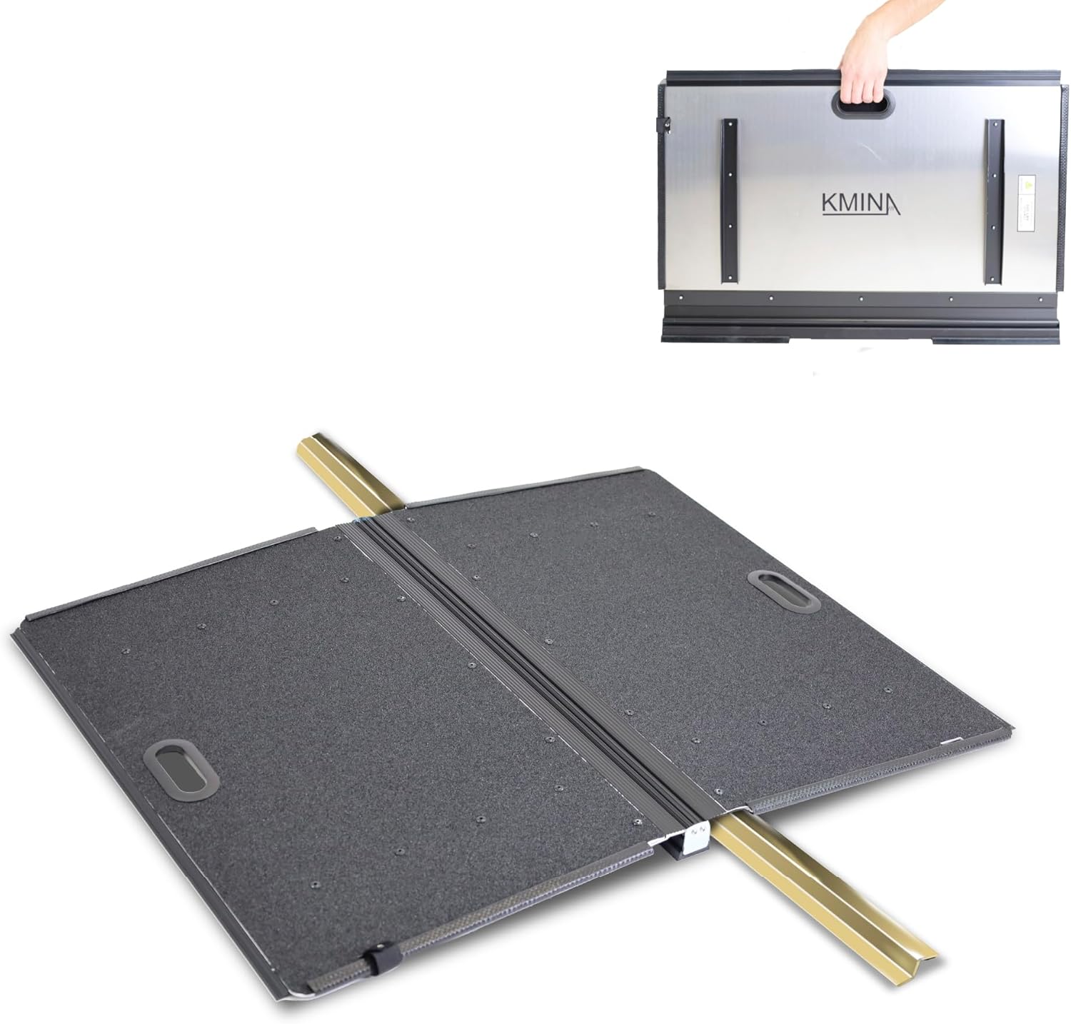 KMINA Folding Wheelchair Ramp (1.6 Inch Height), Threshold Ramp, Anti-Slip Surface, 600 lb Capacity, Portable Design with Handle and Holster