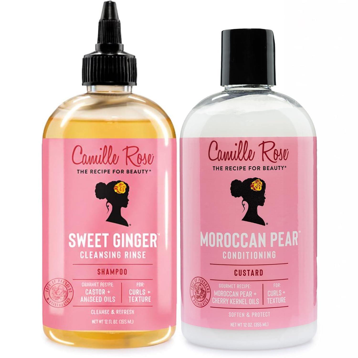 Camille Rose Shampoo and Conditioner Set – Sweet Ginger Cleansing Rinse + Moroccan Pear Conditioning Custard for Dry, Damaged Hair Repair, Frizz Control, Scalp Care, 12 Oz Ea