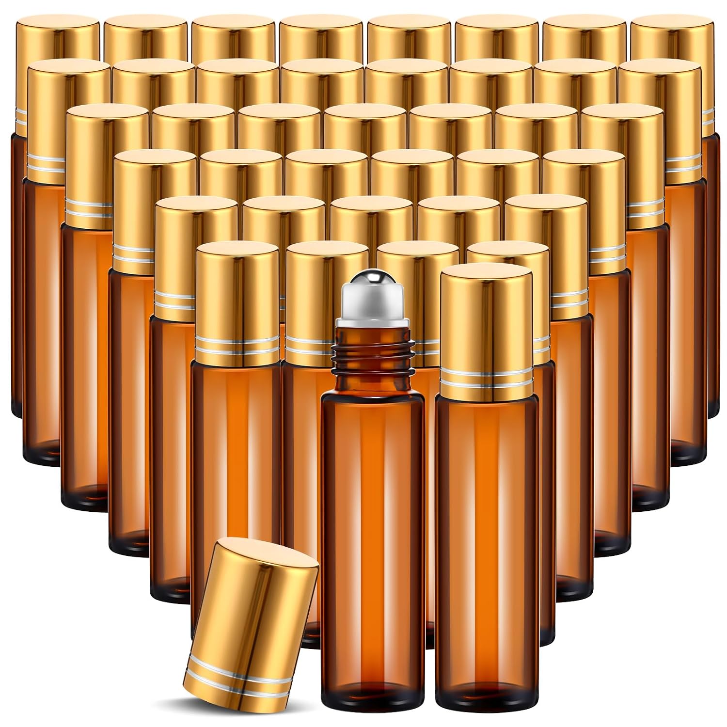 Tanlade 100 Pcs Essential Oil Roller Bottles 10 ml Amber Roll on Glass Refillable Leakproof Empty Rollerball Bottles with Funnels and Stainless Steel Roller Balls for Travel Lip Gloss