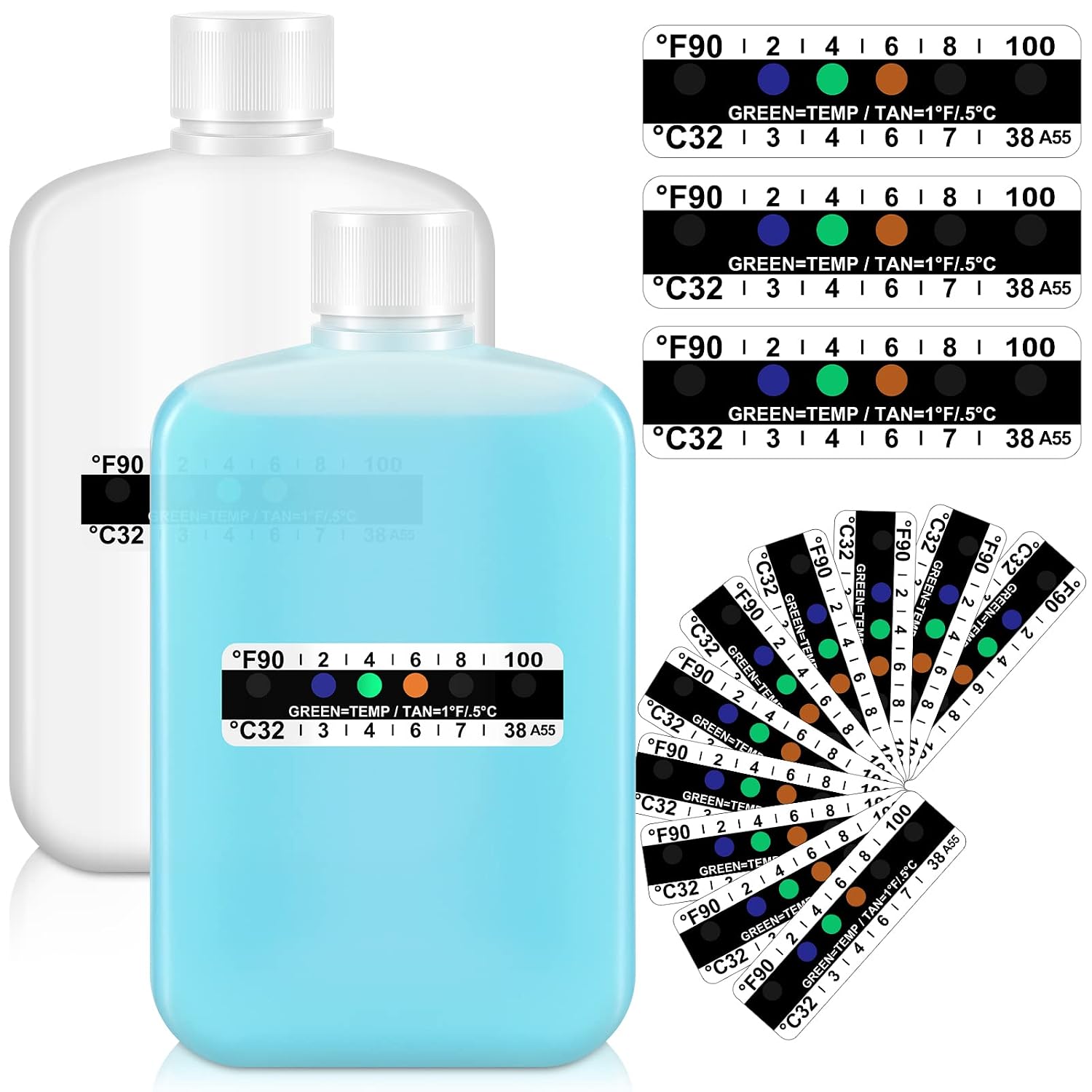 Patelai 12 Pcs Urine Test Complete Kit Include 2 Translucent Portable Travel Bottles,10 Adhesive Temperature Test Strips Human Urine Practice Kit for Synthetic Fake Pee(Translucent Style)