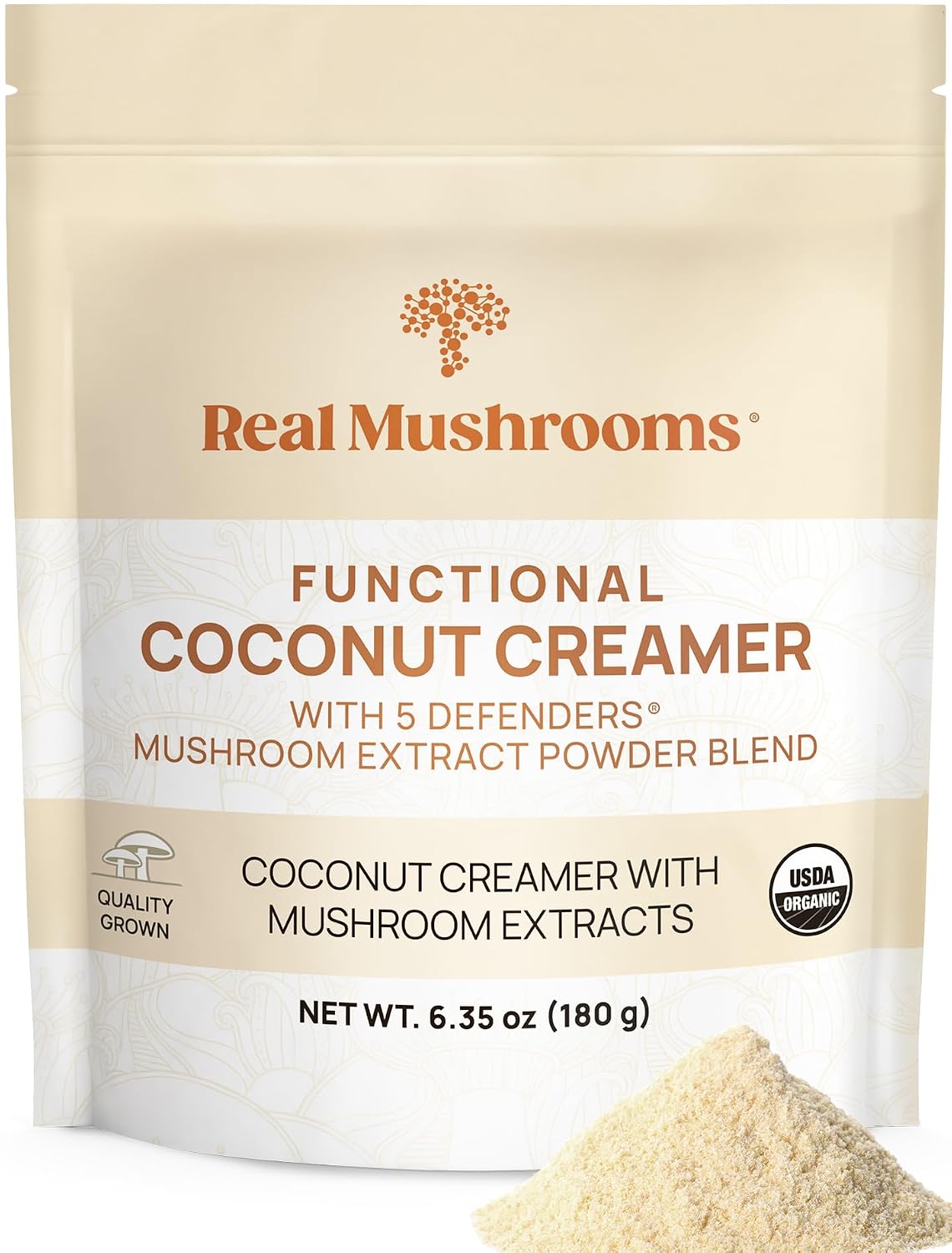 Real Mushrooms Plant-Based Functional Coconut Creamer - Organic Coffee Creamer with Mushrooms, Lucuma Powder & Ceylon Cinnamon - Dairy Free Powder Creamer for Coffee & Smoothies (90 Servings)