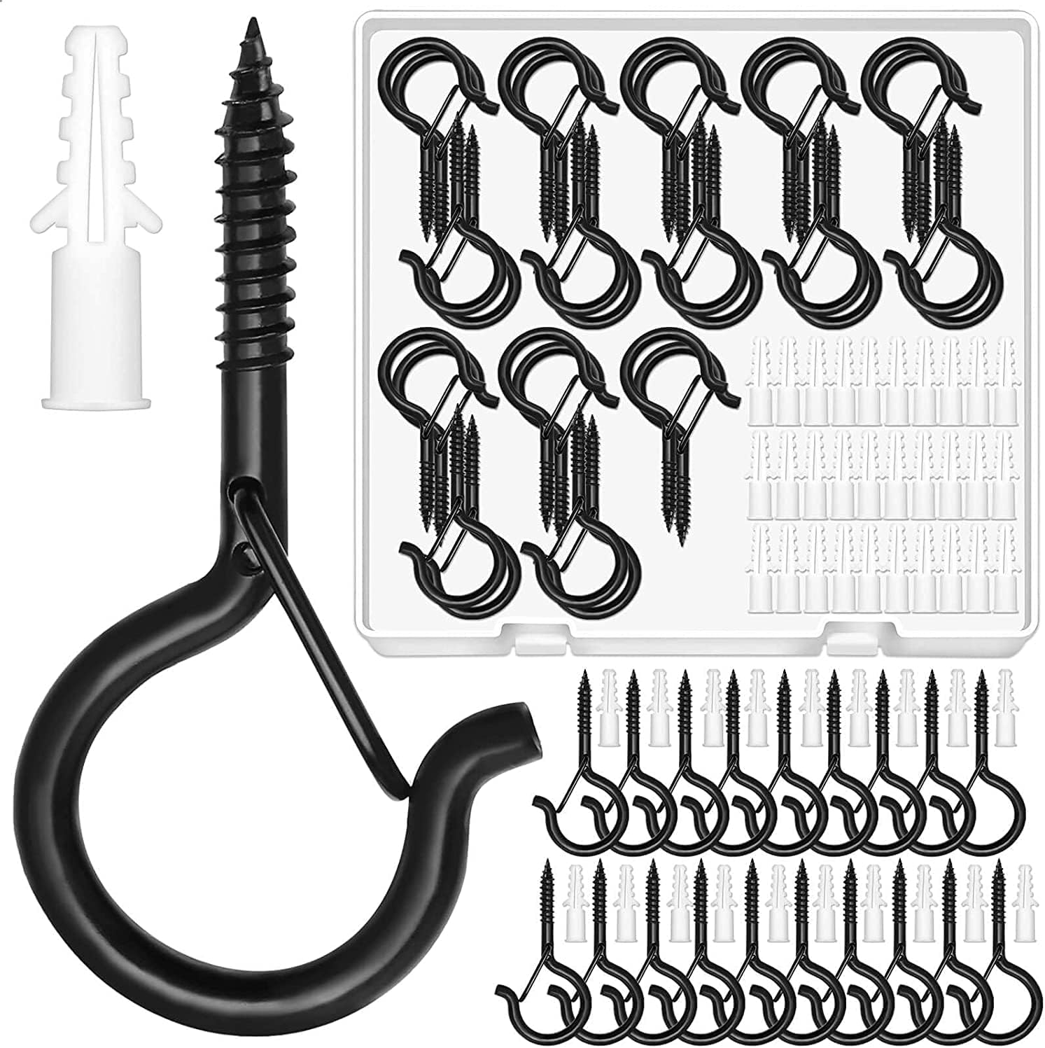 Comkrivy Mckanti 30 Pack Screw Hooks for Outdoor String Lights, Outdoor Hooks for Light Eye Hooks Screw in Cup Hooks Ceiling Hooks with Safety Buckles Q-Hanger Hooks for Plants Christmas Light