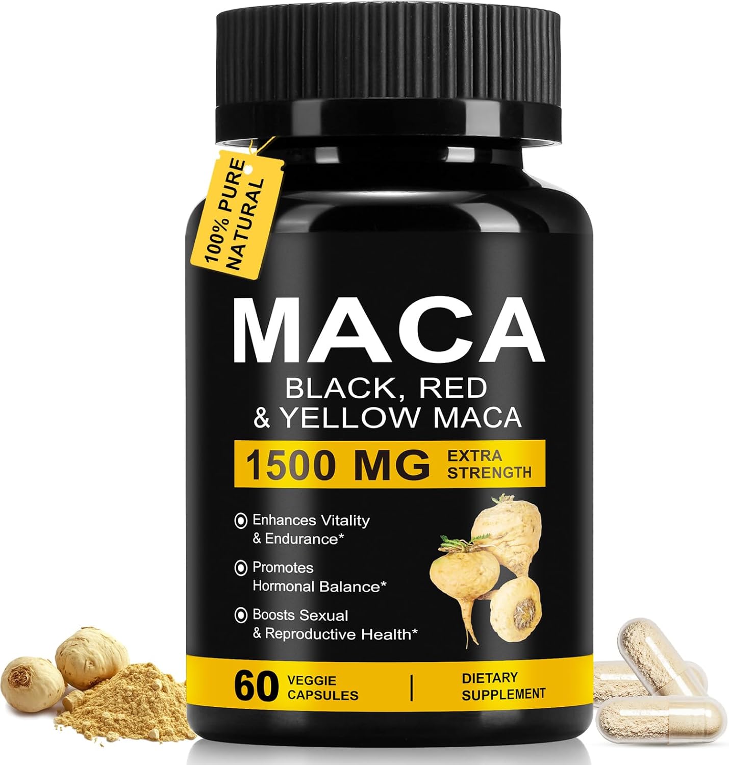 Daiasns Organic Maca Root Powder Capsules 1500 mg with Black + Red + Yellow Peruvian Maca Root Extract Supplement for Men and Women - 60 Vegan Capsules