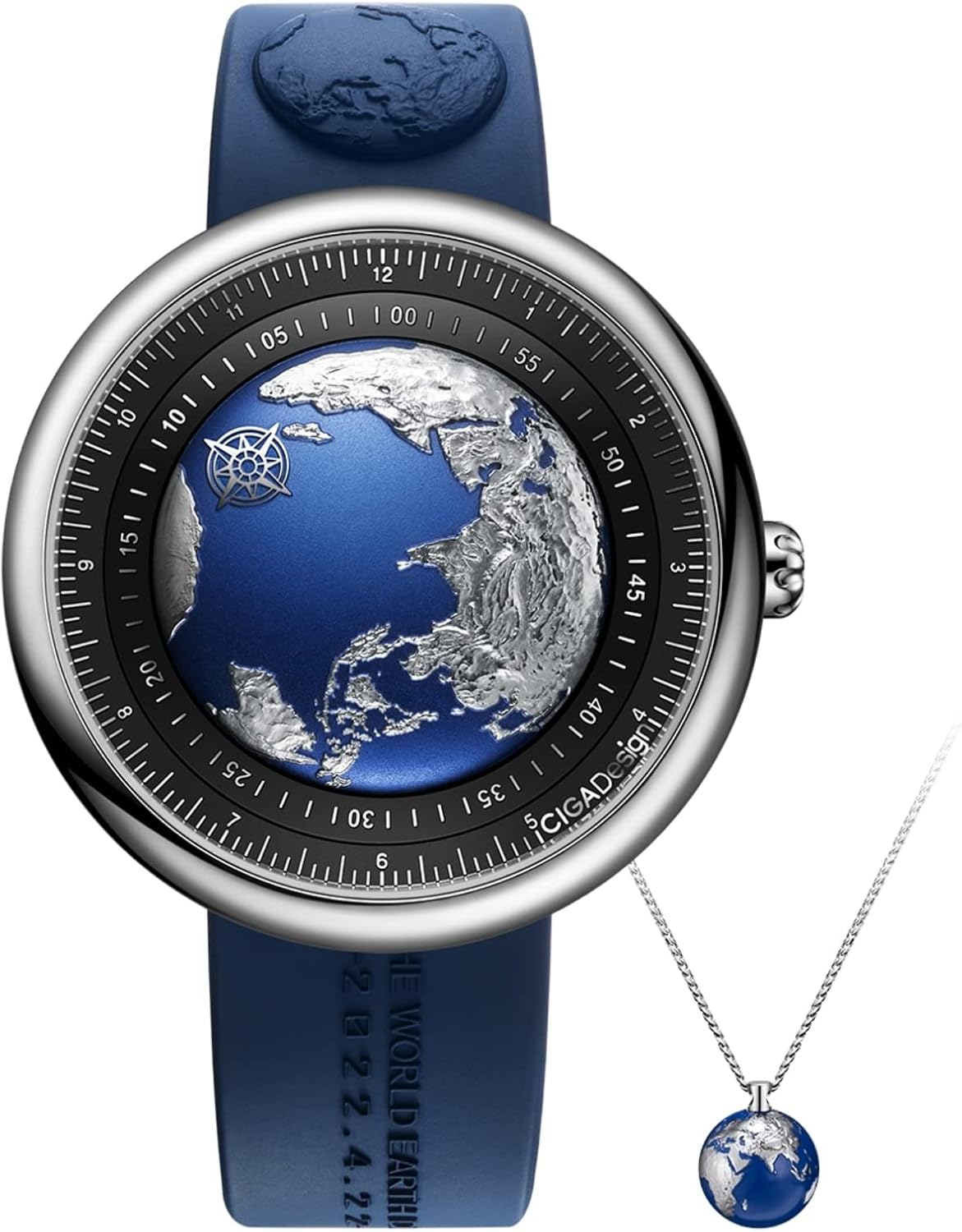 CIGA Design Mechanical Automatic Watch - Blue Planet U Series Wristwatch Round Stainless Steel/Titanium Sapphire Crystal for Men and Women with Fluororubber Strap