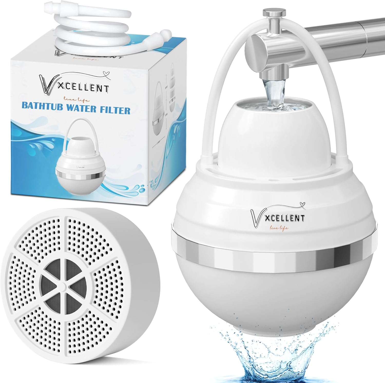 VXCELLENT 8-Stage Bathtub Water Filter for Tub Faucet, 5,000-Gallon Long-Lasting Bath Water Purifier – Removes Chlorine & Heavy Metals for Softer Skin & Hair – BPA-Free Vitamin C & Carbon KDF Filter