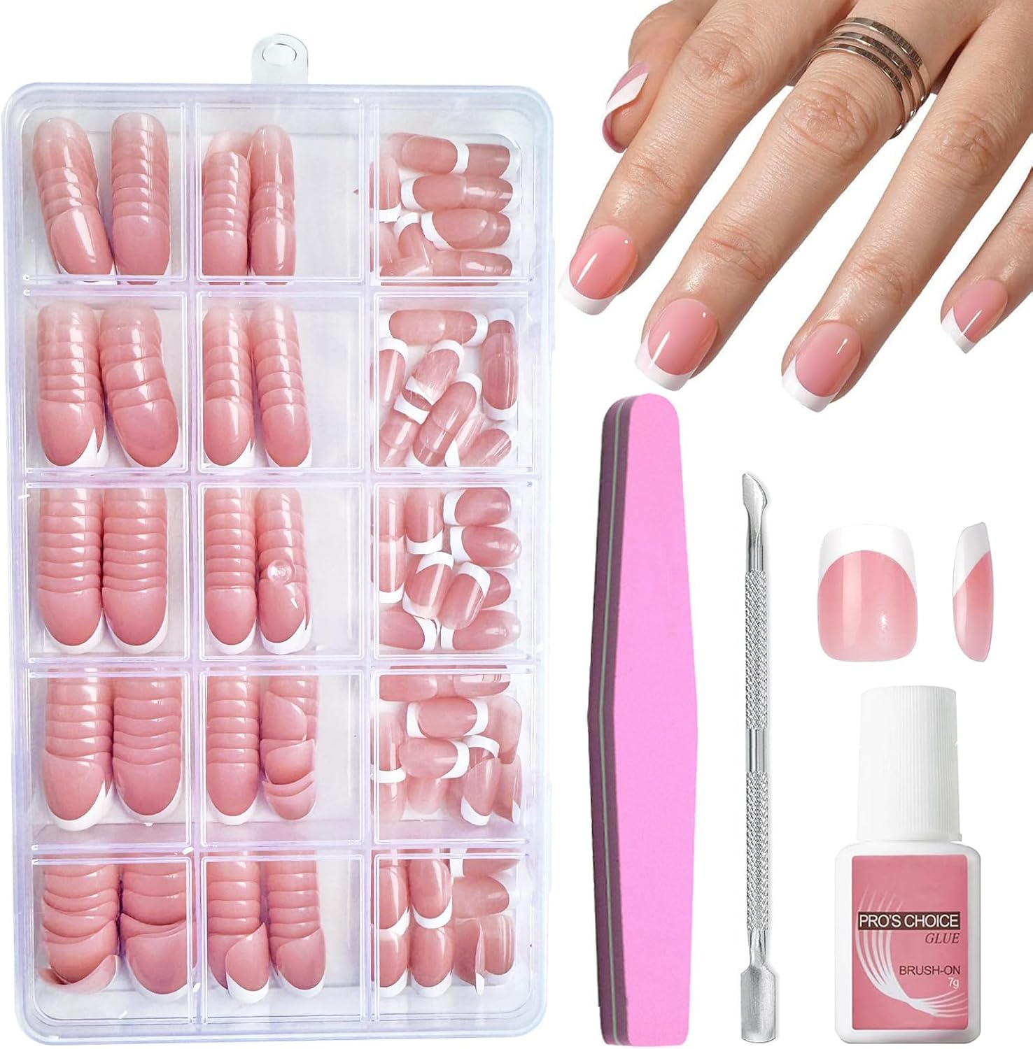 Short French Press On Nails - 240Pcs Pink Square False Nails - Fake Nail White Tip False Nail Kit - Full Cover Stick on Nail French Nail Art Manicure Decorations