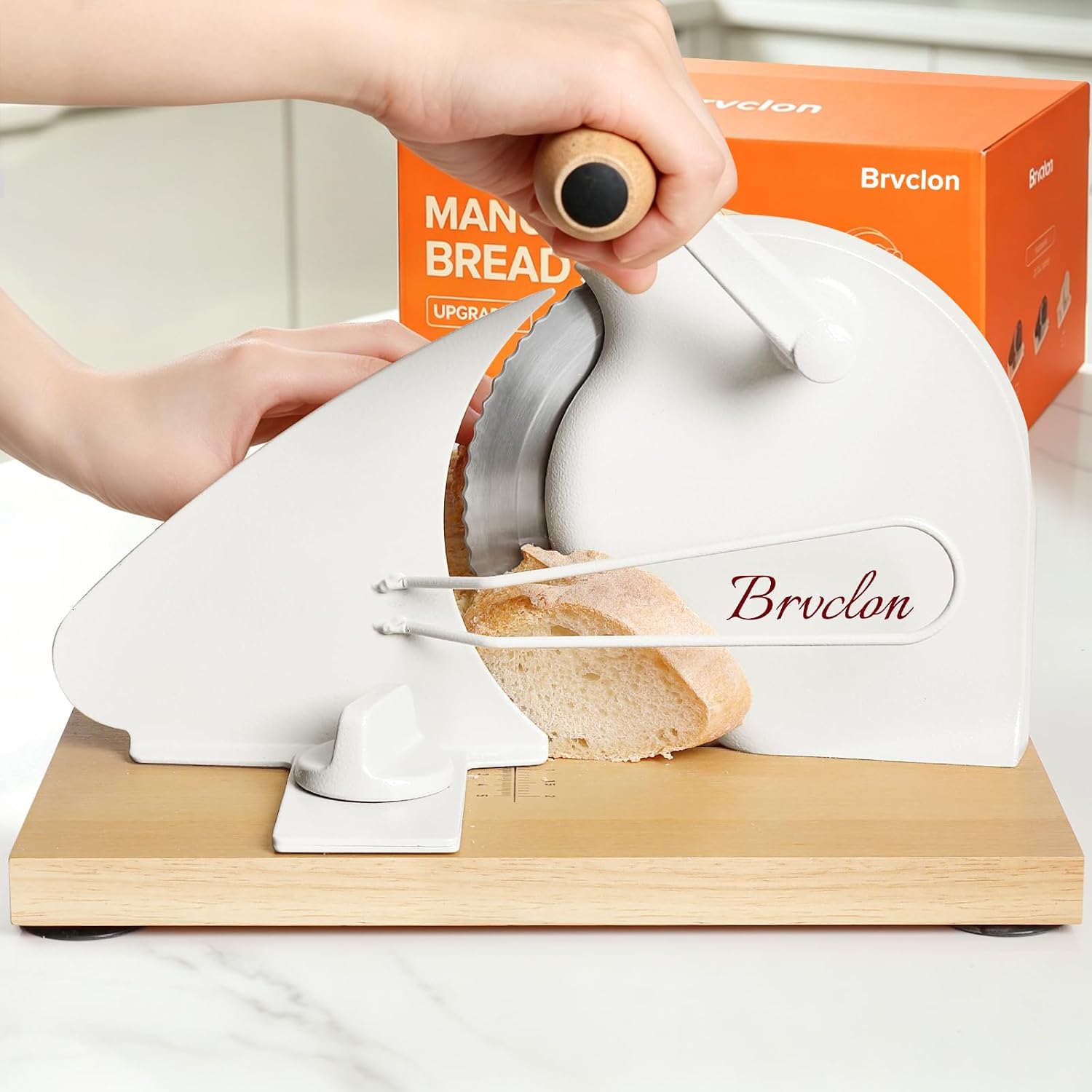 Brvclon Manual Bread Slicer Adjustable Thickness, Hand Crank Bread Slicer for Homemade Sourdough Bread with Scale Line & Suction Cup & Metal Guide,Quality Solid Wood Base