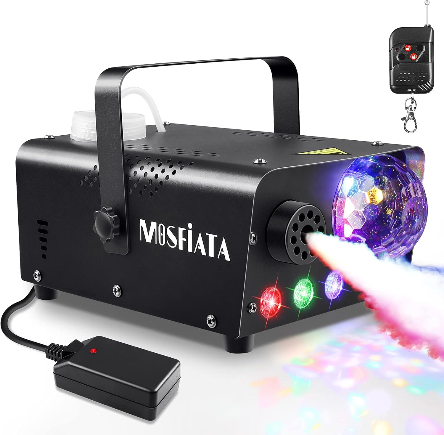 MOSFiATA Fog Machine with Disco Ball Lights 600W Smoke Machine with RGB LED Lights, 2300 CFM Spray, Remote Control, Perfect for Halloween, Christmas, Wedding, Party, Club, DJ Stage Effect