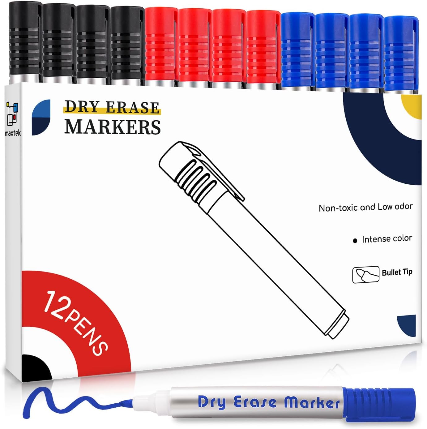maxtek Whiteboard Pens, 12pcs Whiteboard Markers 3 Assorted Colours Black Blue Red Dry Erase Pens for Office, Schools, Home, Bullet Tip Dry Wipe Pens
