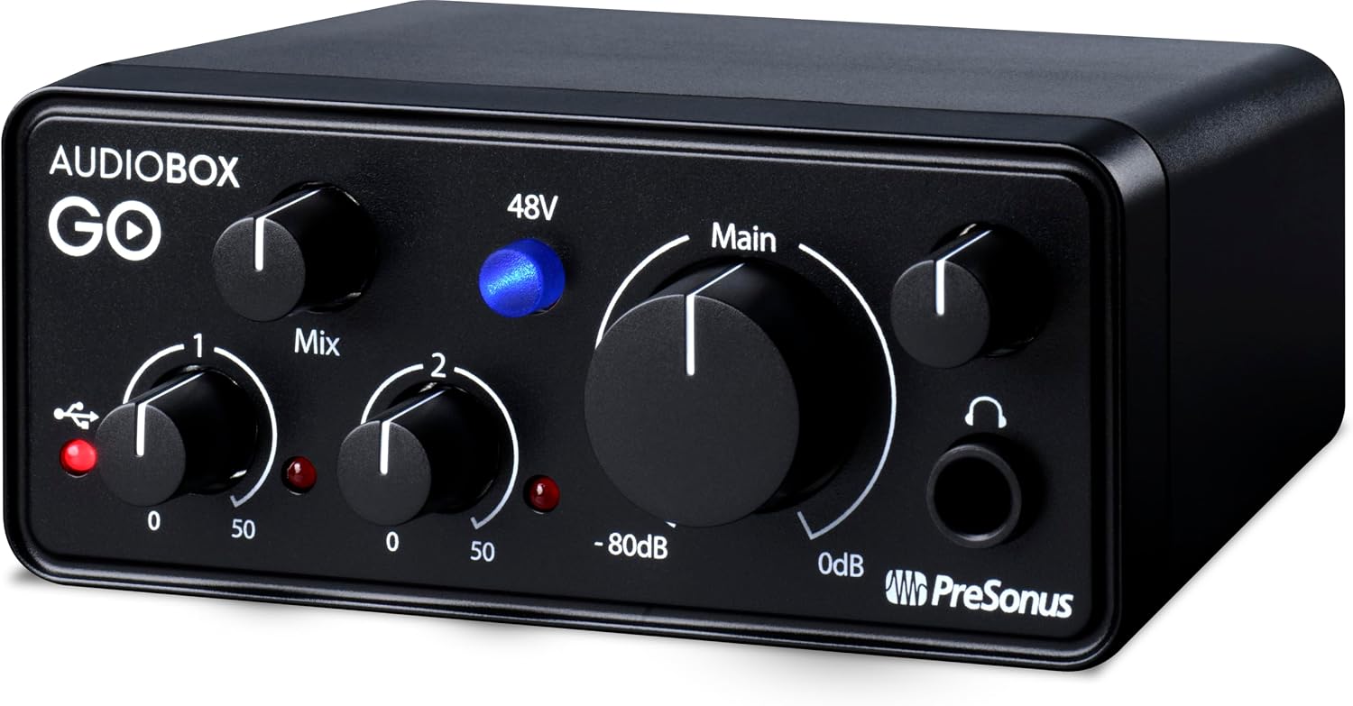 PreSonus AudioBox GO, USB-C Audio Interface, For Music Production, Streaming and Podcasting with 6 months of Fender Studio Pro Recording Software