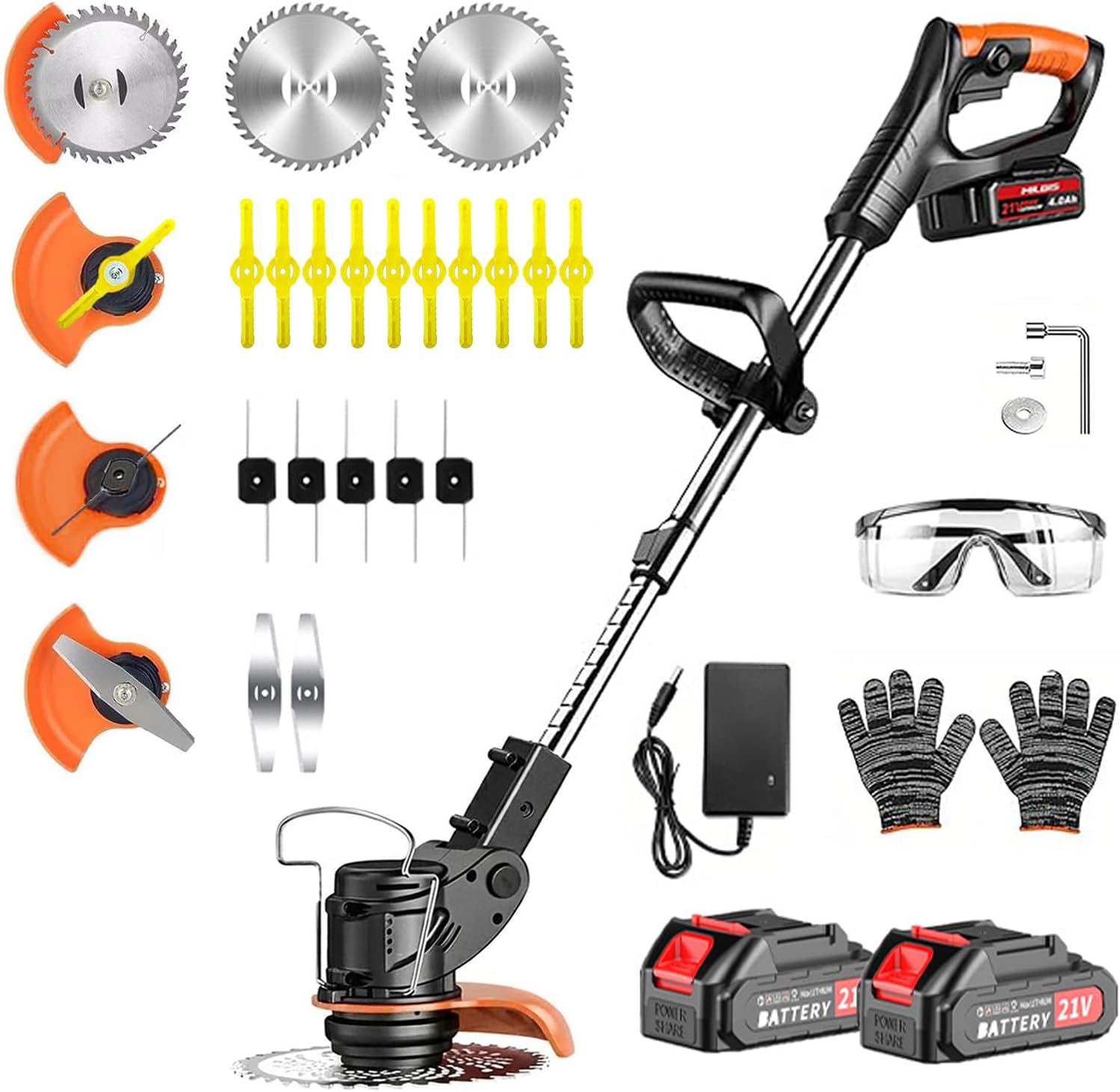 21V Cordless Strimmer, 4 in1 Adjustable Garden Strimmer, Electric trimmer with 2 x 2.0mAh Batteries, With adjustable handle and 90° Head Rotation, Suitable for mowing lawns, gardens, patios