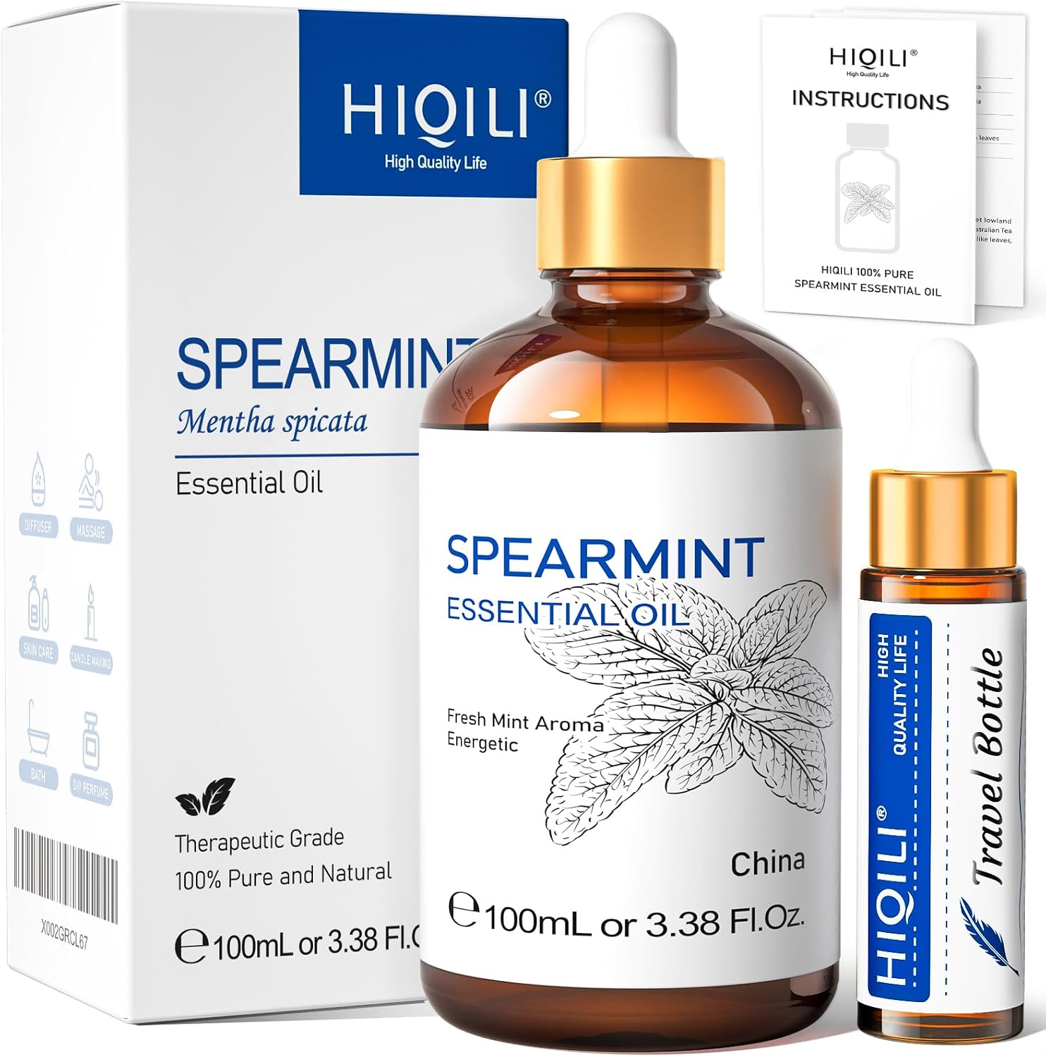 HIQILI 100ML Spearmint Oil for Skin Care, Facial, Can be Added to Lotions, Creams -100% Pure Natural Treatment Grade - 3.38 Fl Oz
