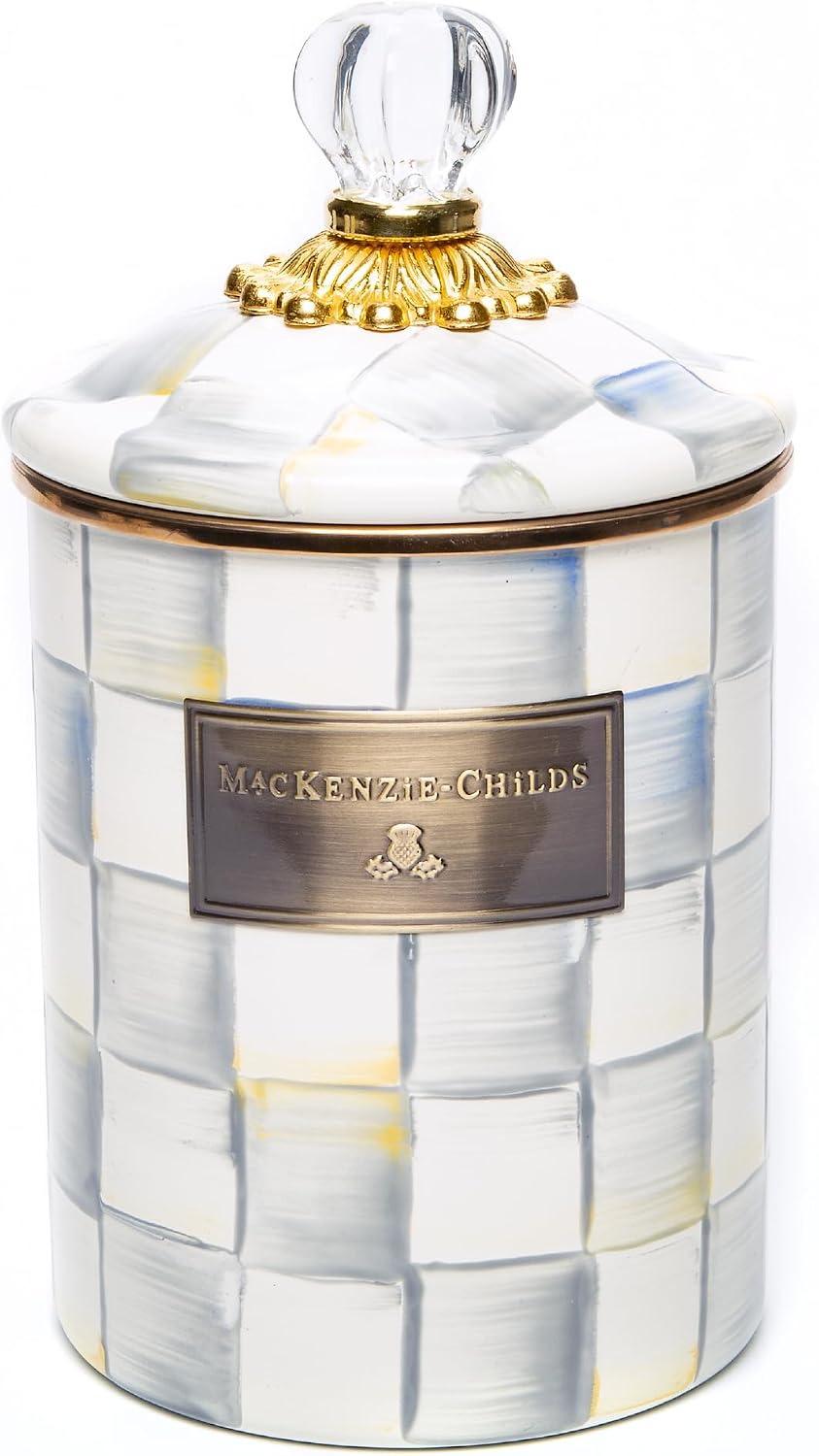 MACKENZIE-CHILDS Enamel Canister, Versatile Kitchen Storage Container for Flour and Sugar, Medium, 48-Ounce Capacity, Gray-and-White Sterling Check