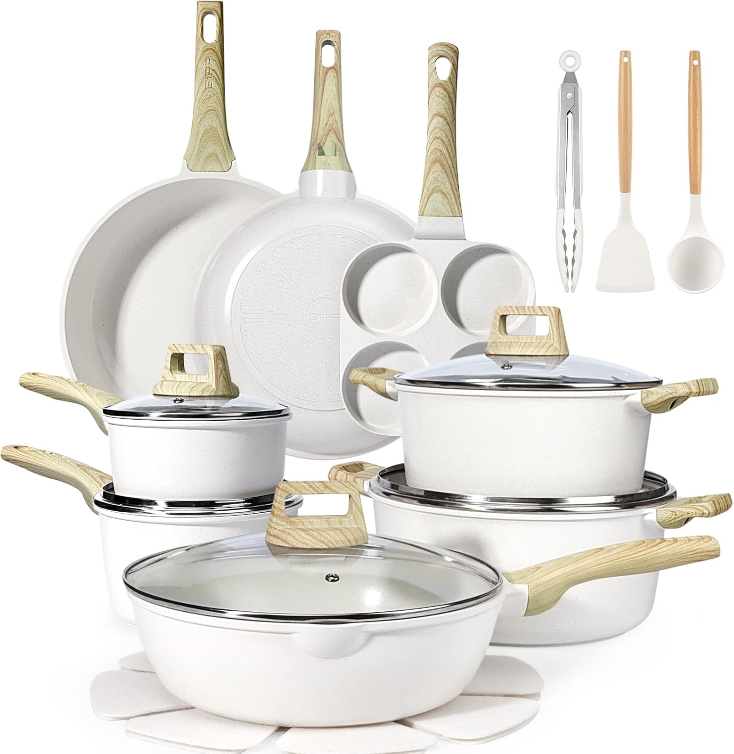 GiPP 22 Piece Ceramic Pots and Pans Set Non Stick - Nonstick Cookware Set, Non-Toxic Healthy Kitchen Cooking Set w/Frying Pans Set,PFAS PTFE PFOA PFOS Free (White, 22 Pcs)