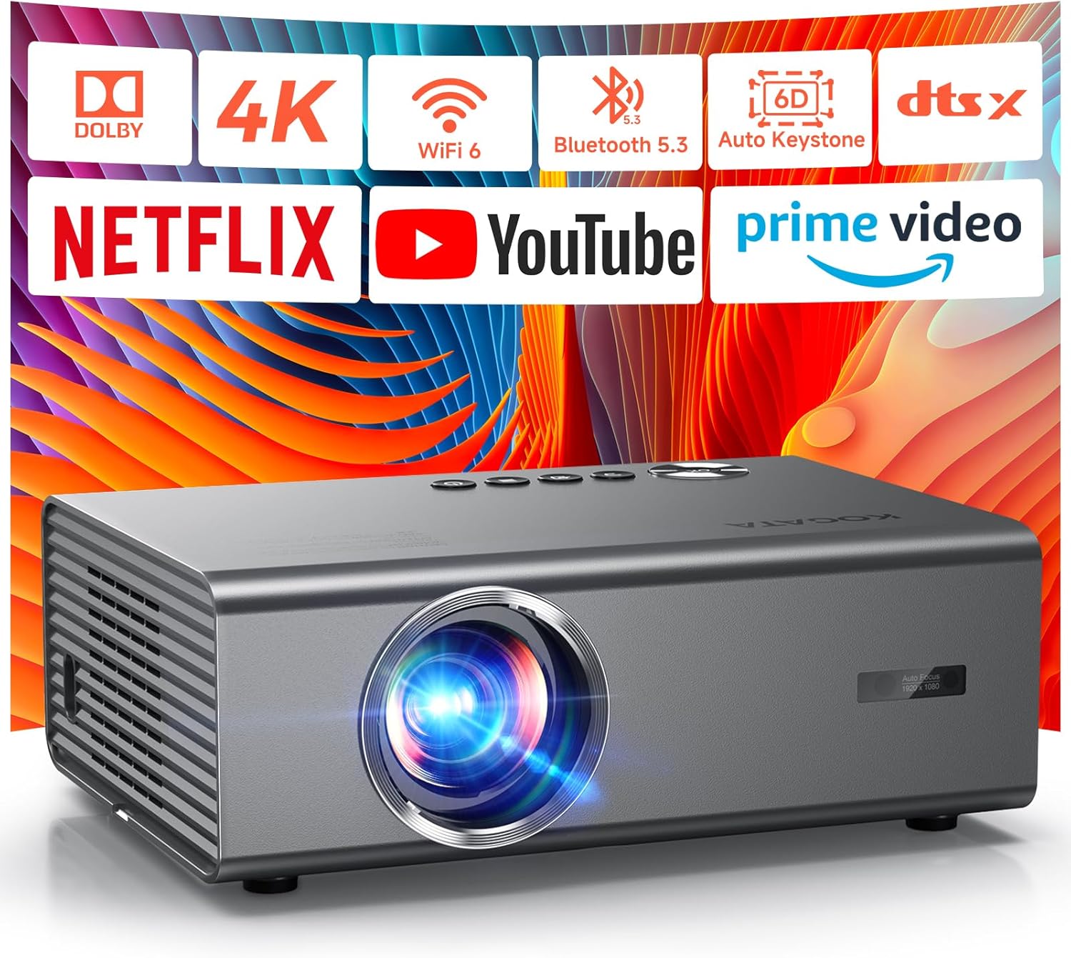4K Projector with Netflix& Dolby Audio, 1200ANSI Auto Focus&6D Keystone Kogata Smart Projector with Built in Apps Outdoor Movie Proyector with WiFi 6 Bluetooth for Home Theater UPGRADE
