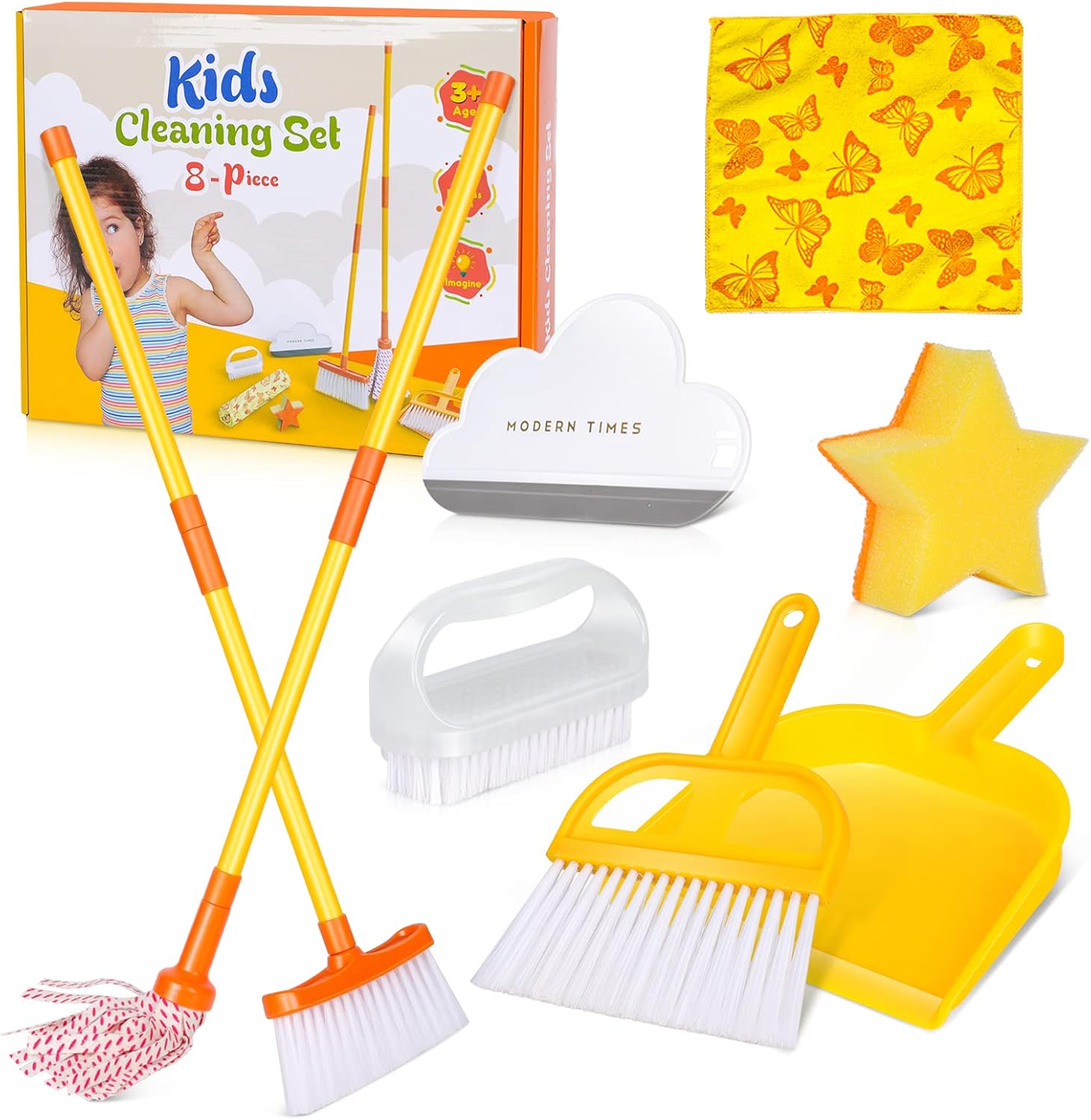 MASTERTOP Kids Cleaning Set, Toy Cleaning Set for Toddlers, Children Pretend Play Set with Mop Broom Brush Dustpan Rag and Glass Scraper, 8pcs Childrens Toys for Girls Boys