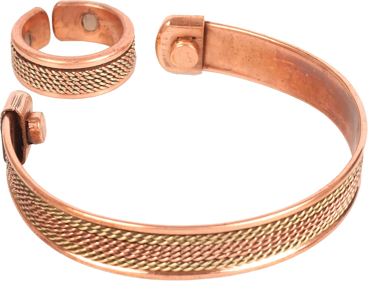 Touchstone Copper Magnetic Hand Forged With Solid And High Gauge Tibetan Style Spiral Wires Pattern Minimalistic Elegance Pure Copper Bracelet And Matching Ring In Two Tones.