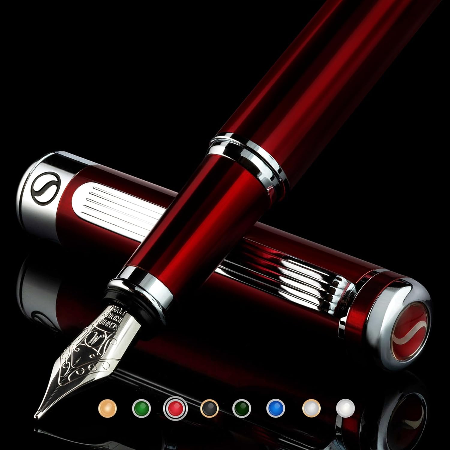 Scriveiner Red Lacquer Fountain Pen Stunning Pen with Chrome Finish, Schmidt Gilded Nib (Medium), Best Pen Gift Set for Men & Women, Professional, Executive, Office, Nice Pens
