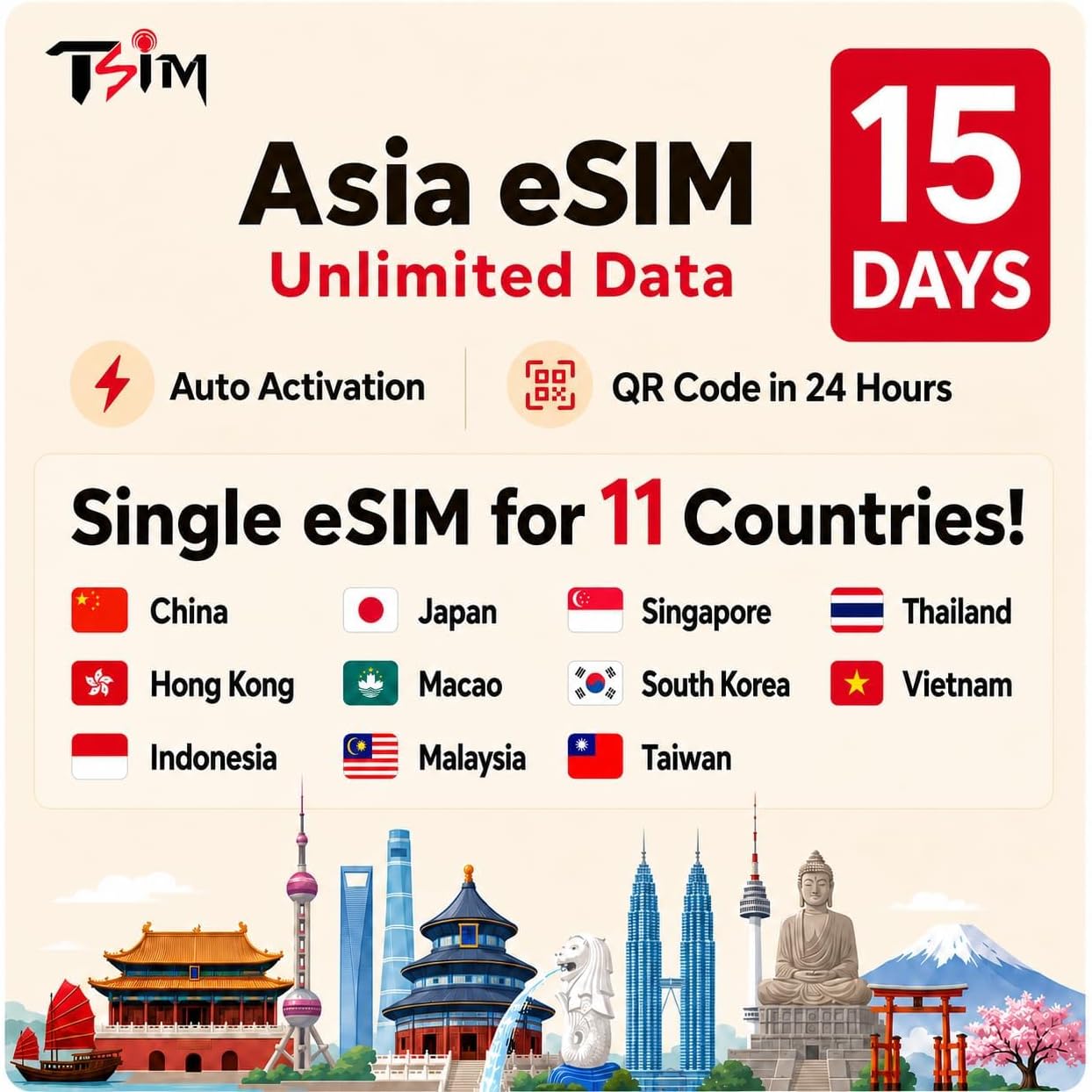 Asia eSIM 11 Countries | 15 Days Unlimited Data in China, HK, Indonesia, Japan, Macao, Malaysia, Singapore, South Korea, Taiwan, Thailand, Vietnam | Get QR code in 24 hours | Auto Activation