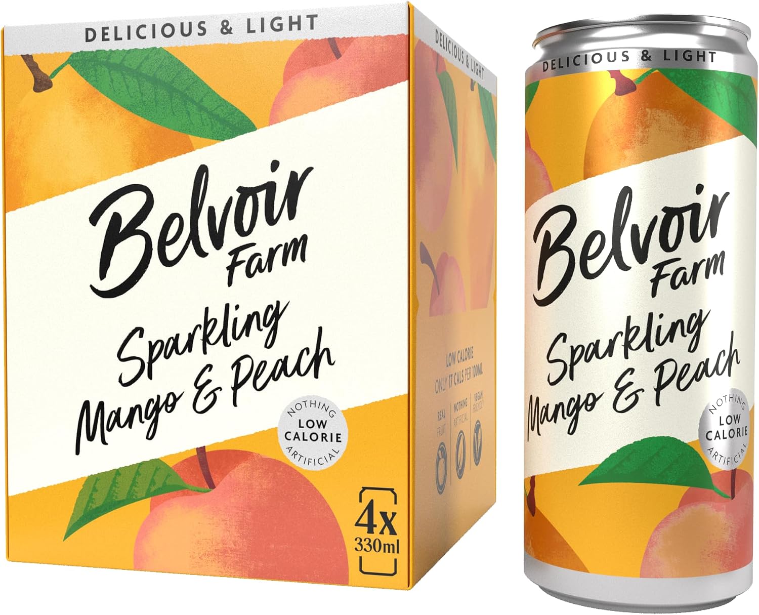 Belvoir Farm - Sparkling Mango & Peach, Delicious and Light, Real Fruit Juice, Low in Calories, Nothing Artificial, Gluten Free, Suitable for Vegetarians & Vegans 4x330ml