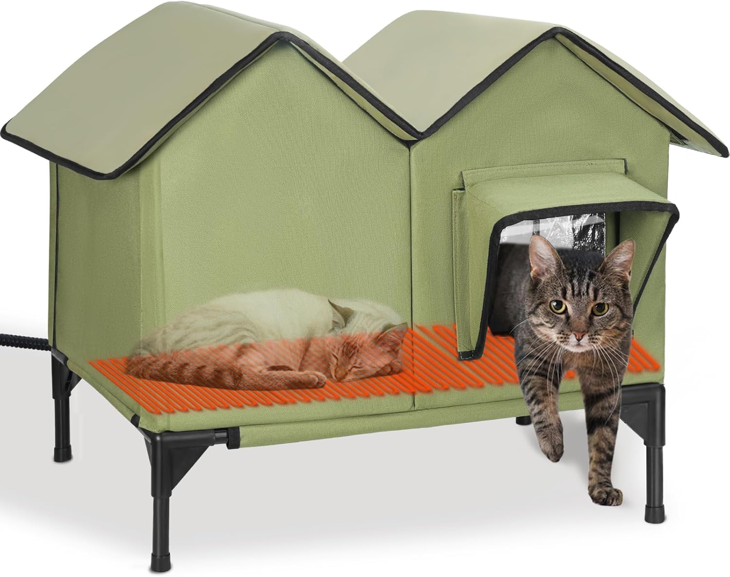 Large Heated Cat House for Outside in Winter, Elevated Insulated Heated Outdoor Cat House Weatherproof with Heating Pad, Waterproof Outdoor Cat Shelter for Multiple Cats Small Dogs(Green)