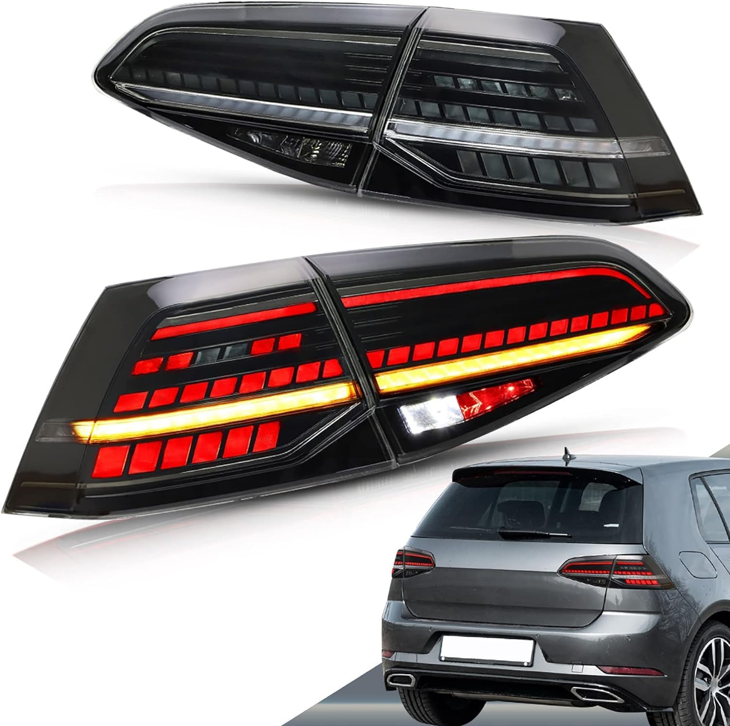 VLAND Tail Lights Compatible with Golf MK7 TSI TDI GTD GTI GTR 2012-2017 Golf MK7.5 GTD TDI TSI 2018-2020, Rear Lights w/Amber Sequential Turn Signals, NOT FIT MK7.5 GTI GTR, Smoked Cover