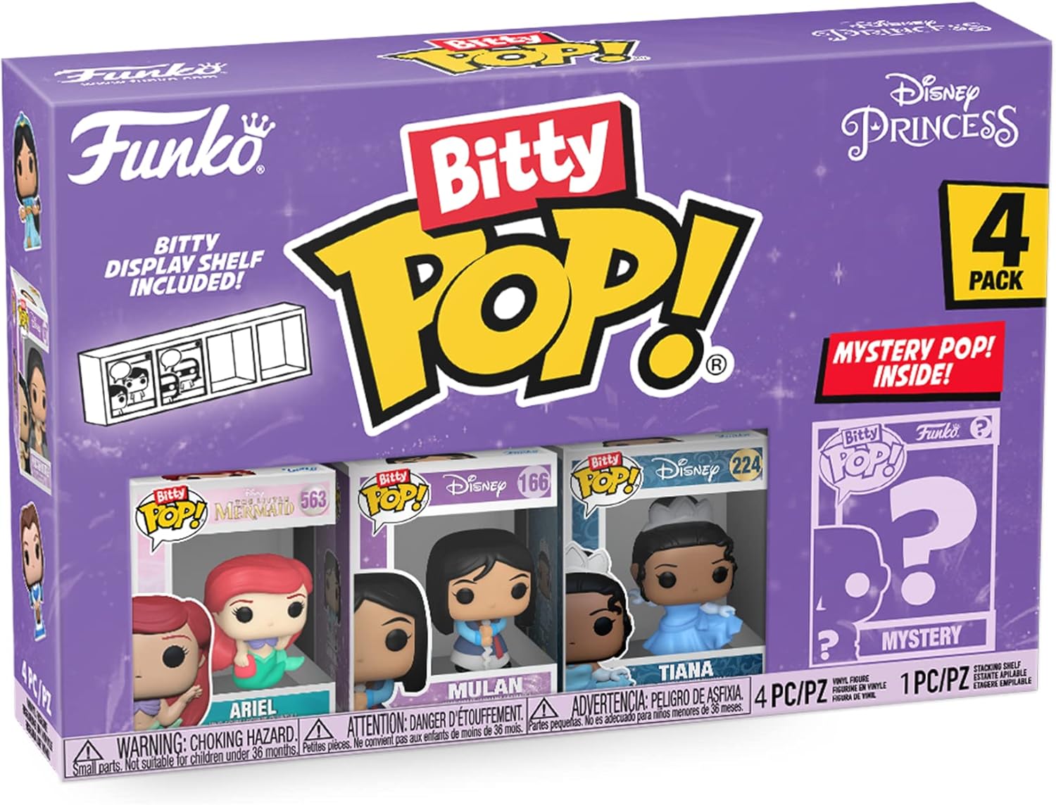 Funko Bitty Pop Disney Princesses - Ariel, Mulan, Tiana and A Surprise Mystery Mini Figure - 0.9 Inch (2.2 Cm) Collectable - Stackable Display Shelf Included - Party Bags Stocking - Gift Idea