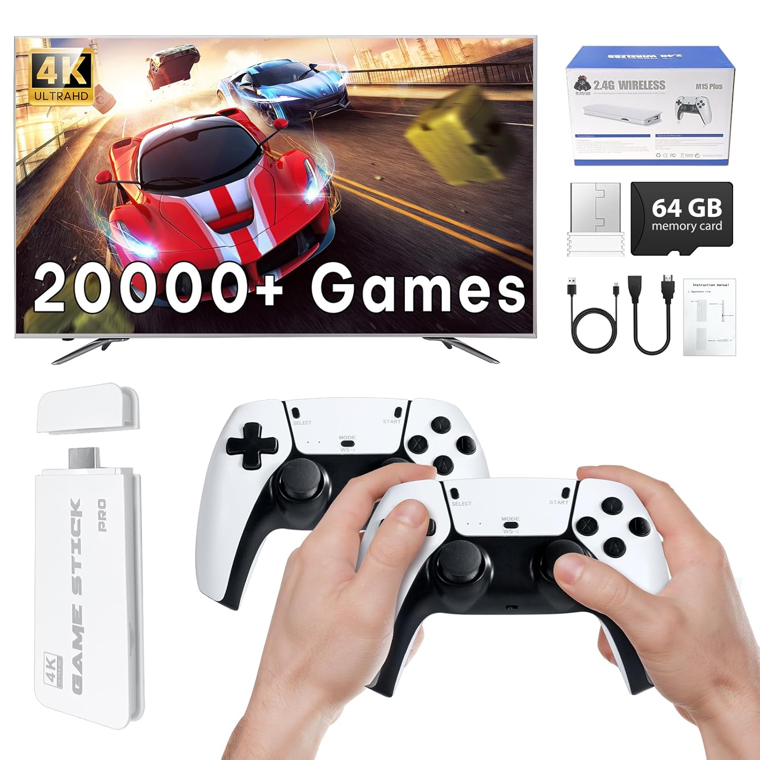 Retro Game Stick, Retro Game Console 64GB Built-in 23 Emulators, 20000+ Classic Games, 4K HD TV Game Stick, Plug & Play Video Games for TV with 2 Wireless Controllers