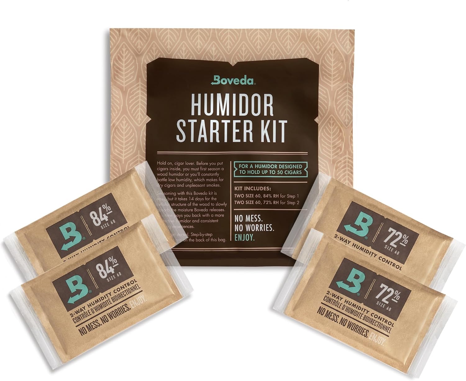 Boveda 50 Pack Season a Wood Cigar Humidor Plus Maintains Humidity with 2 Way Moisture Control Contains 2 of each size 60, Boveda 84%RH and 72%RH