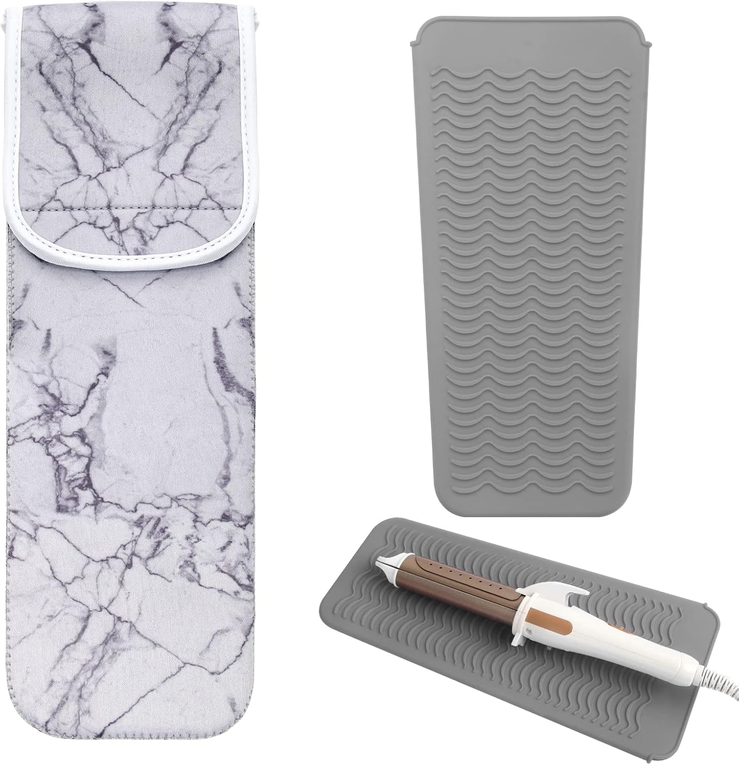 Hair Styling Tool Storage Bag Set with Heat Resistant Silicone Mat and Curling Iron Holder for Travel Daily Curling Iron Hair Straightener Storage (Grey Marble)