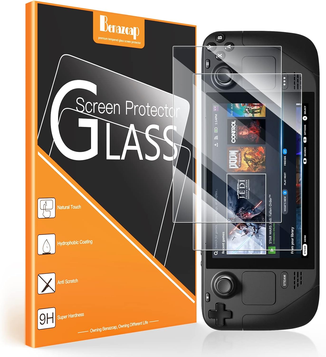 Benazcap [2 Pack Steam Deck OLED Screen Protector, Tempered Glass Easy Installation/Anti-Scratch/High Definition/9H Hardness for Valve Steam Deck 2023/2021 Version 7.4/7 Inch]