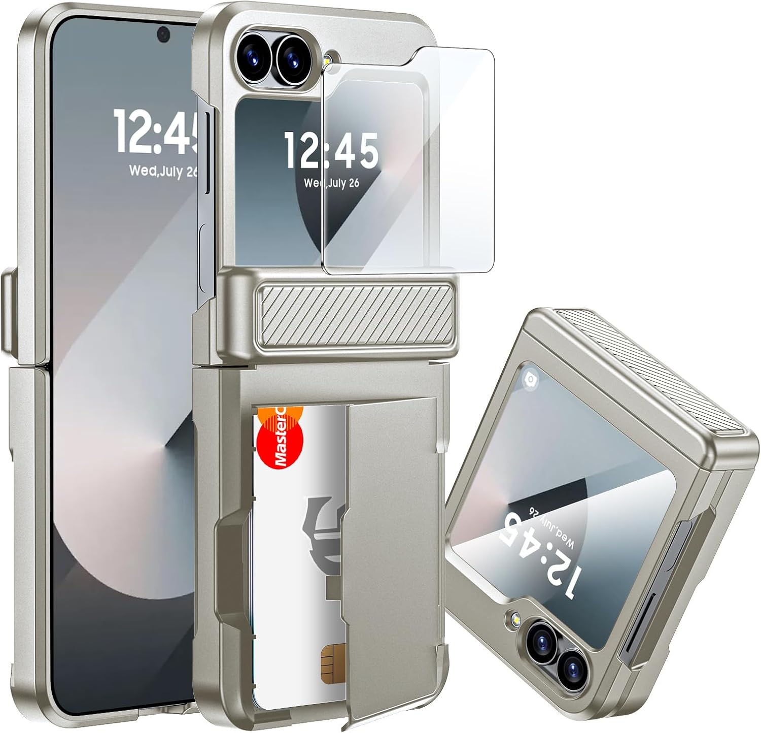 CENMASO for Galaxy Z Flip 6 Case, Flip 6 Wallet Case with Card Holder & Hinge Protection & Screen Protector [RFID Blocking] Full-Body Shockproof Protection Case for Z Flip 6-Natural Titanium