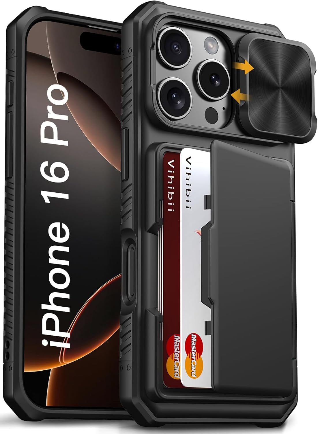 Vihibii for iPhone 16 Pro Case Wallet with Card Holder (4 Cards) [RFID Blocking] & Slide Camera Cover, Military Grade Drop Protection, Rugged Hard Back & Silicone Edge Phone Case, 6.3" 2024, Black