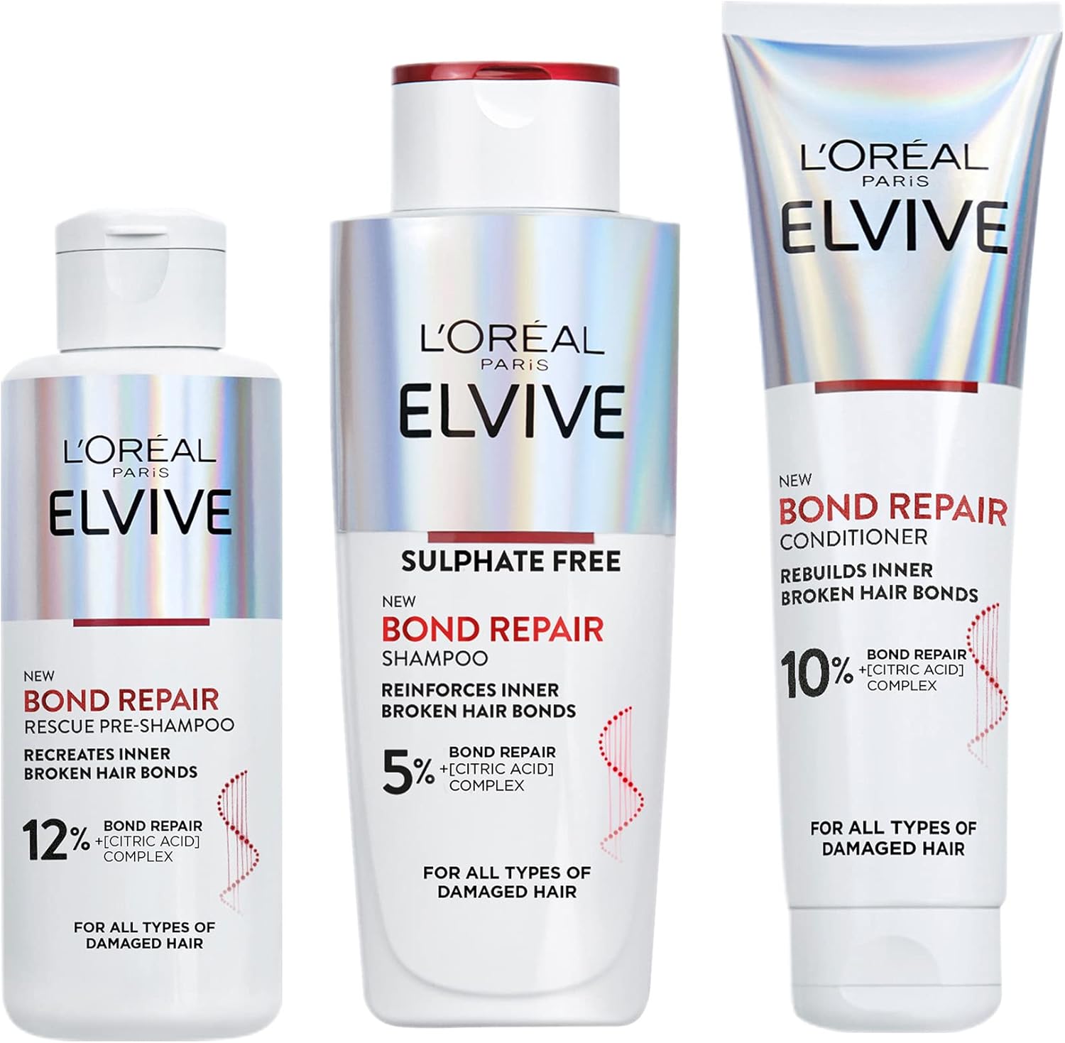 L’Oreal Paris Elvive Bond Repair Full Routine Set for Damaged Hair, Pre-Shampoo Treatment 200ml, Shampoo 200ml and Conditioner 150ml, Deep Intensive Hair Repair Treatment, Rebuild Broken Hair Bonds