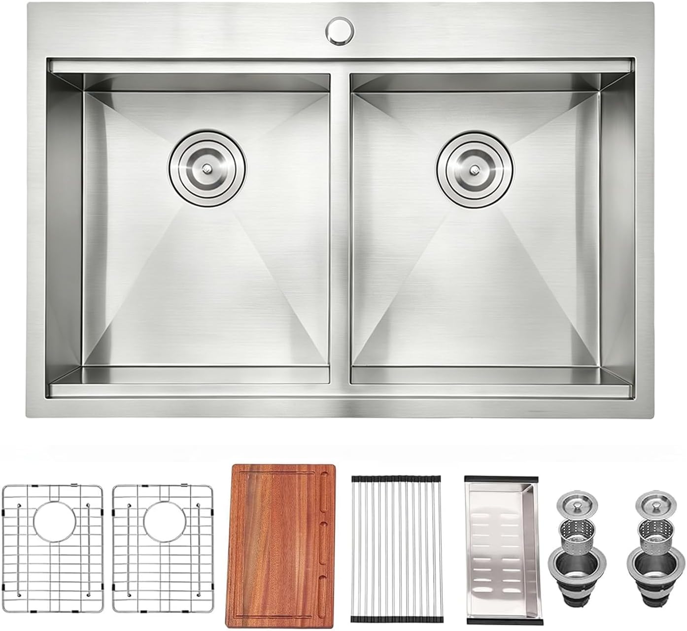 IKEBANA 33 x 22 Inch Double Bowl Kitchen Sink Drop in, Brushed Nickel 16 Gauge Stainless Steel Topmount 50/50 Double Basin Workstation Kitchen Sink with Accessories
