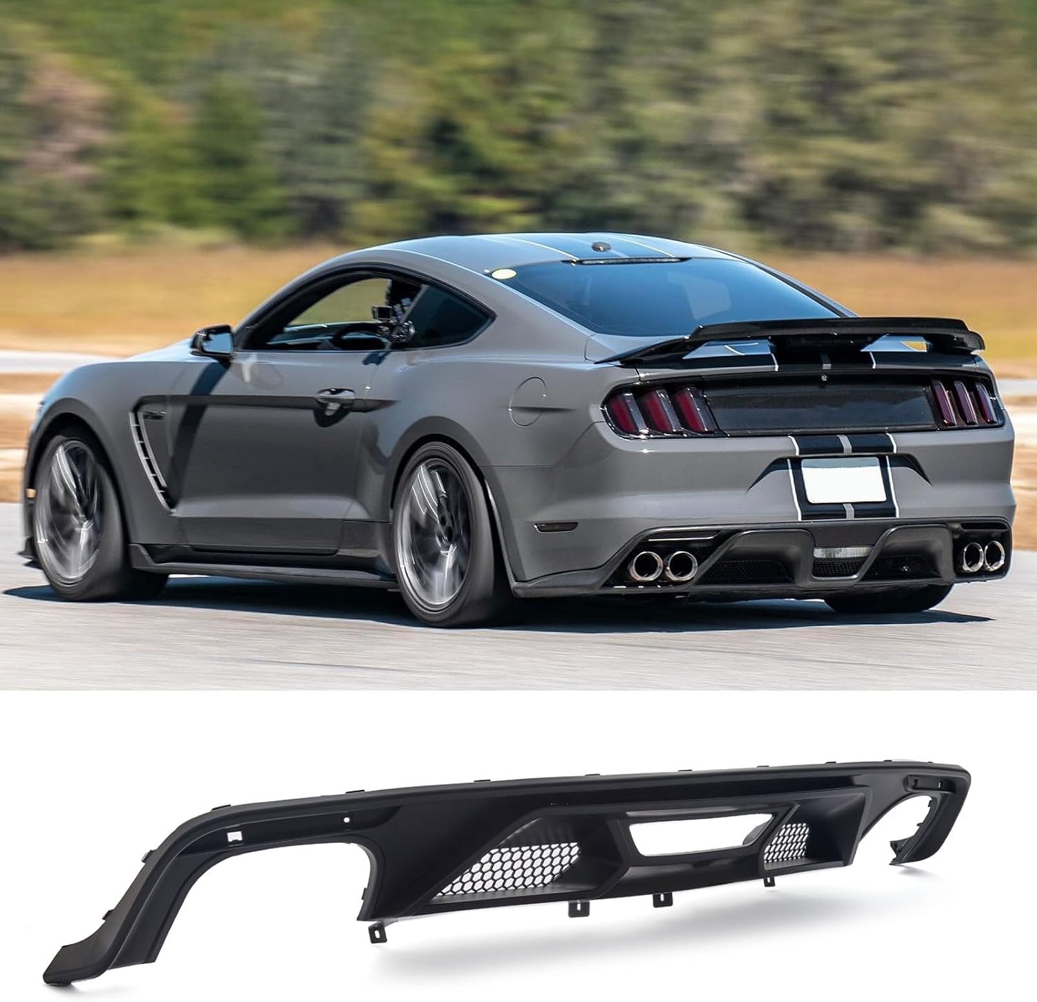 Rear Diffuser for 2015-2017 Ford Mustang GT350 GT500 Style Dual/Quad Exhaust, Matt Black