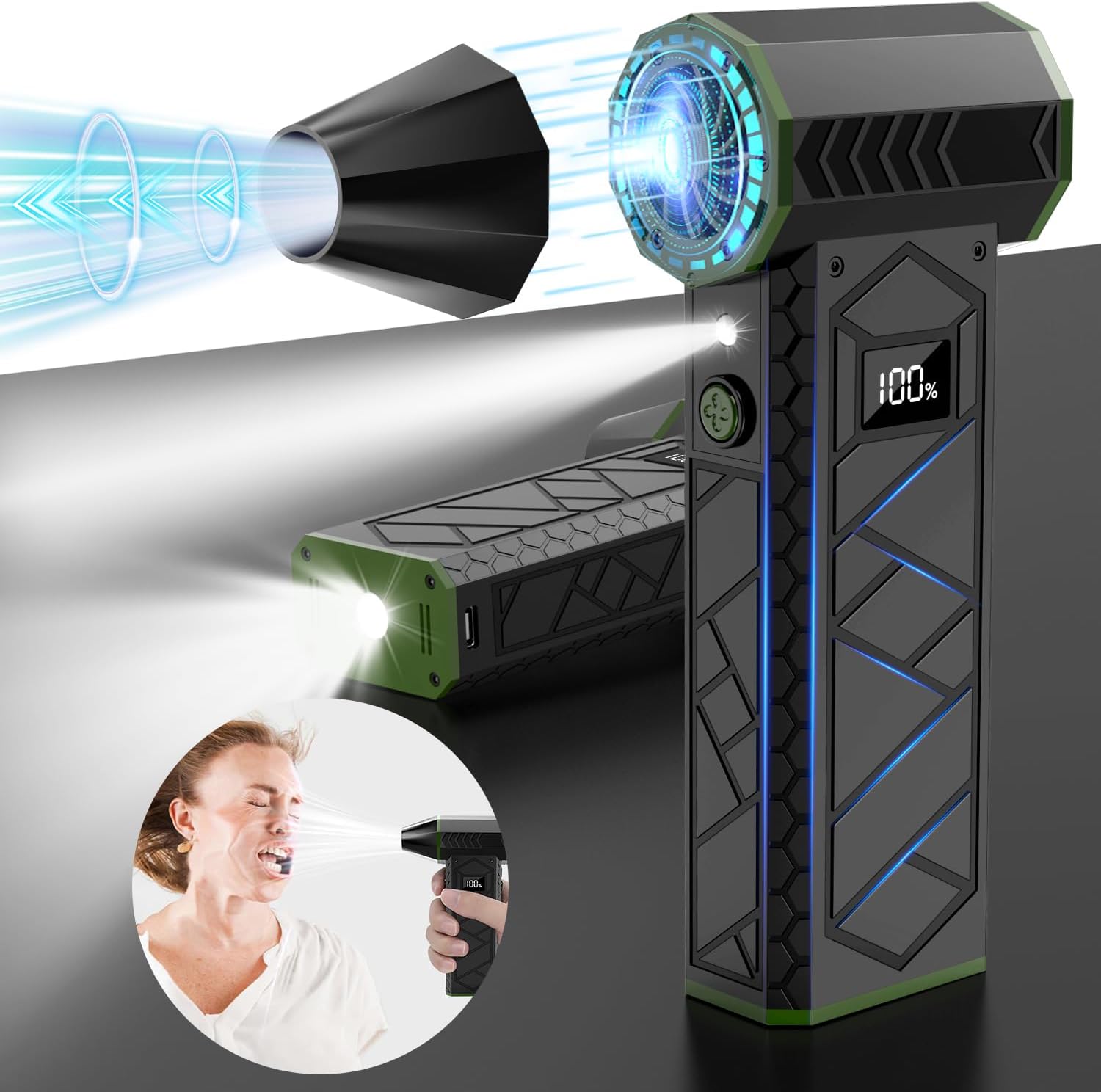 Clydek Compressed Air Duster Cleaner for PC 101m/s Airflow,200000RPM Electric Air Duster,Rechargeable Air Blower with Dual LED Lights,4-Speed Adjustment,Keyboard, Interior, Emergency Use,etc (Green)