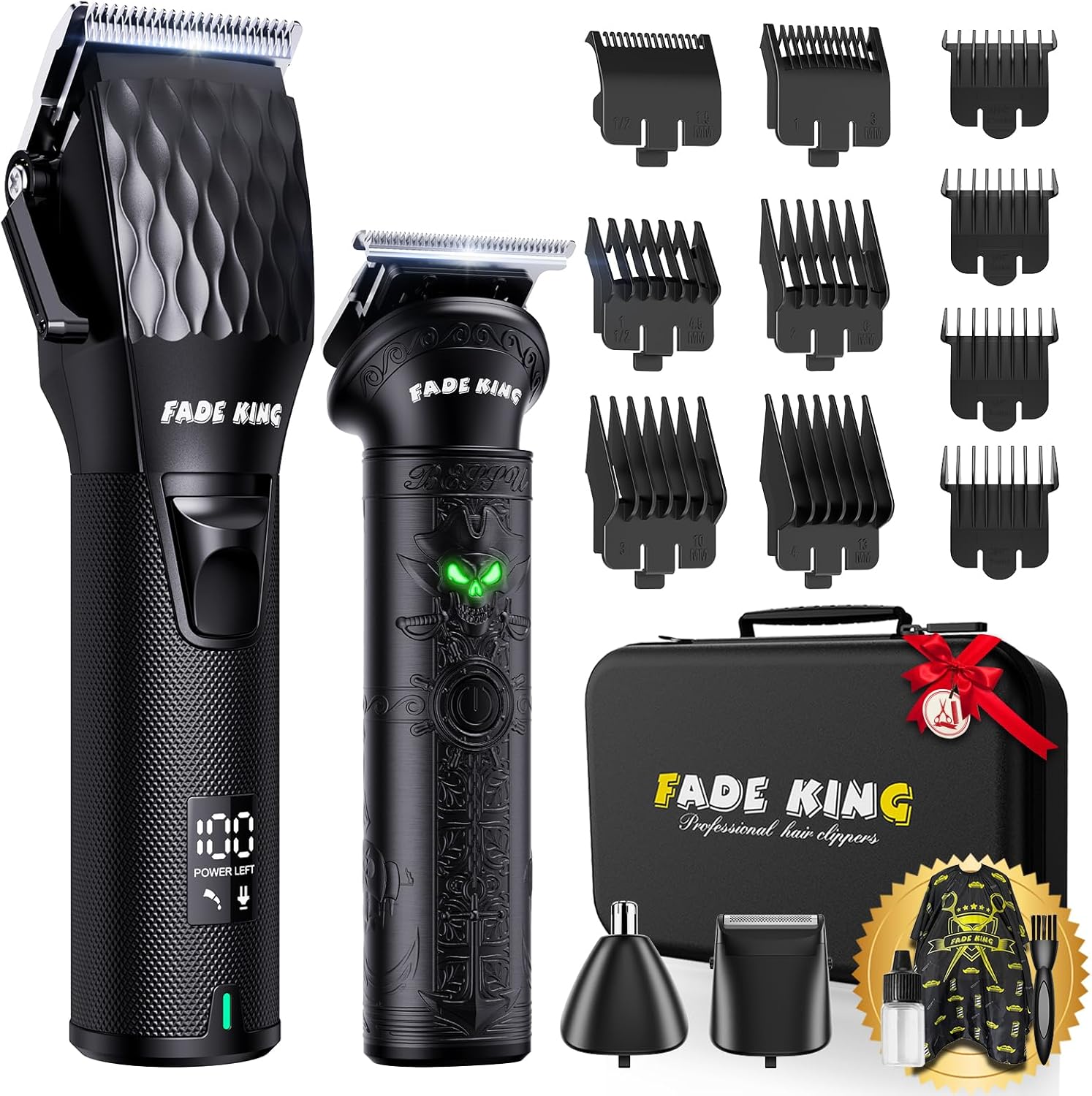 FADEKING® Professional Hair Clippers for Men - Cordless Beard Trimmer & Nose Hair Trimmer Set, All-in-One Mens Grooming Kit with Foil Shaver, LCD Display Barber Hair Cutting Kit with Travel Case