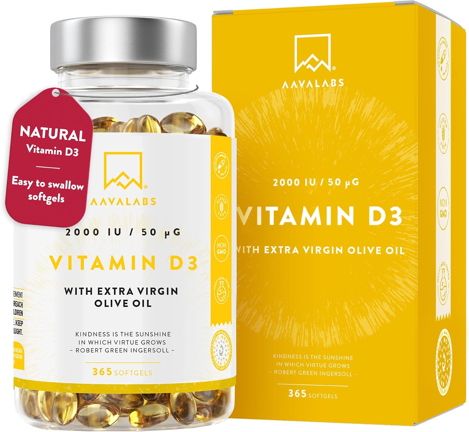 Vitamin D3 [2000 IU] - with Extra Virgin Olive Oil for Optimum Absorption - High Strength Vitamin D Supplement - Contributes to Bone, Muscle and Immune Function - 365 Vitamin D Capsules