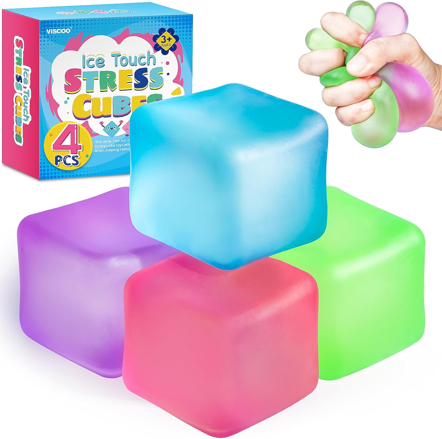 VISCOO 4 Pack Stress Cube,Slow Rising Ice Cube Stress Balls for Adults Kids | Sensory Fidget Toy for Anxiety Relief, Square Shape Cube Squishy for Classroom Prizes, Squishy Balls for Party Favors