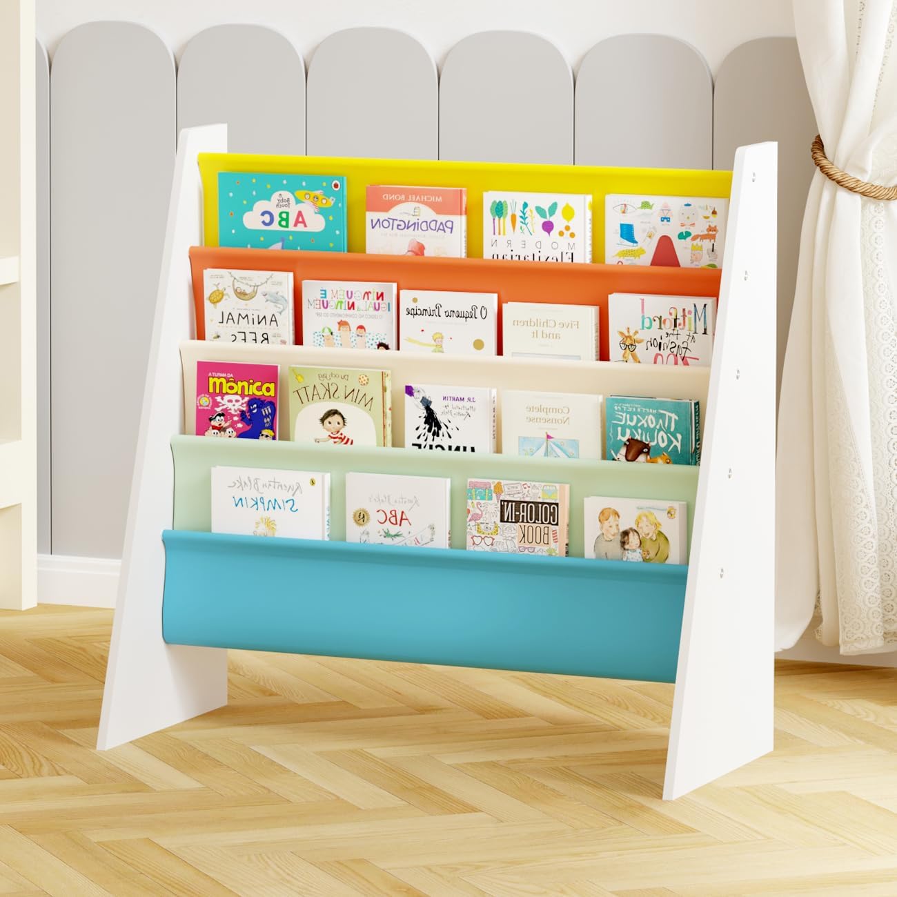 Sling Bookshelf for Kids, Childrens Bookcase for Kids Room, 4-Tier Toddler Book Shelf Organizer, Easy Access Child Book Storage Rack for Nursery, Blue (4-Tier Colorful)