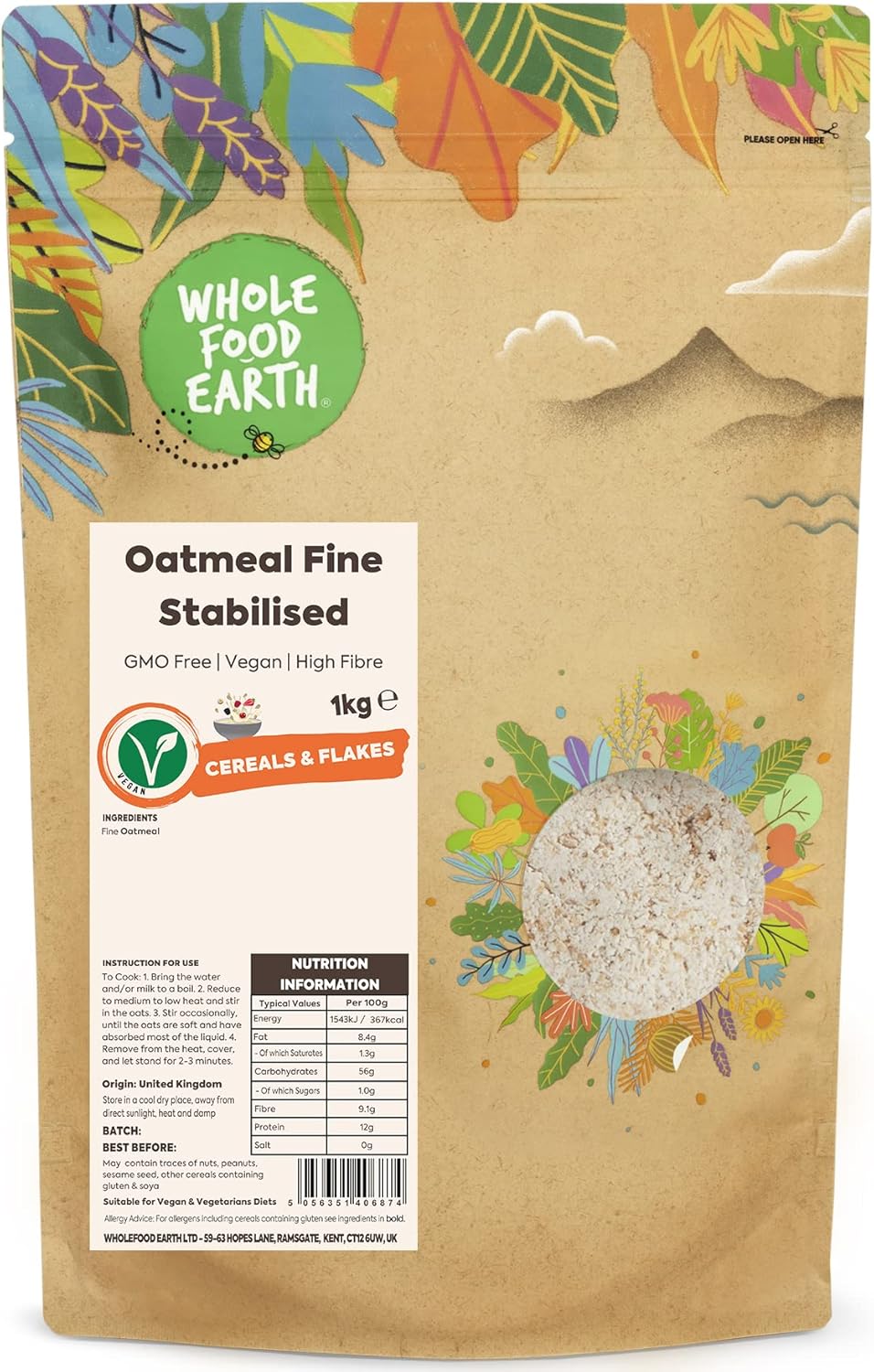 Wholefood Earth Oatmeal Fine Stabilised 1 kg | GMO Free | High Fibre