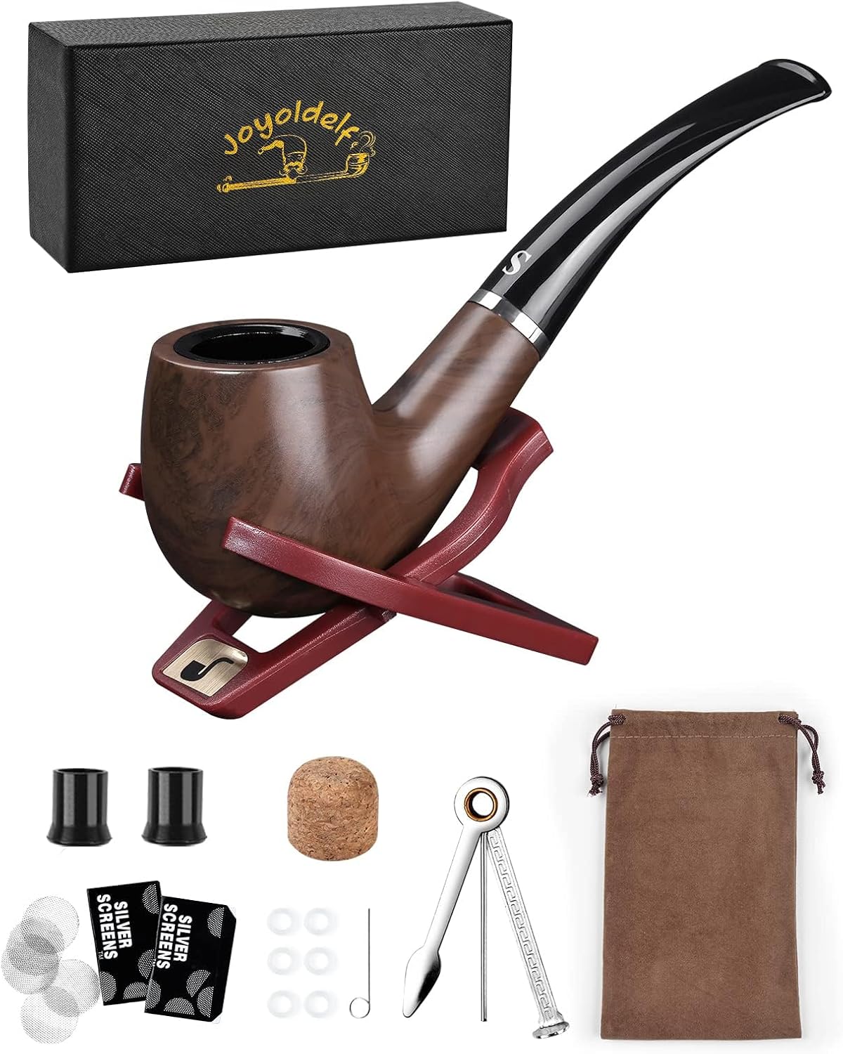 Joyoldelf Tobacco Pipe Set, Short Handle Curved Smoking Pipe with Foldable Pipe Stand Holder, Pipe Starter Kit for Beginner with Gift Box and Accessories