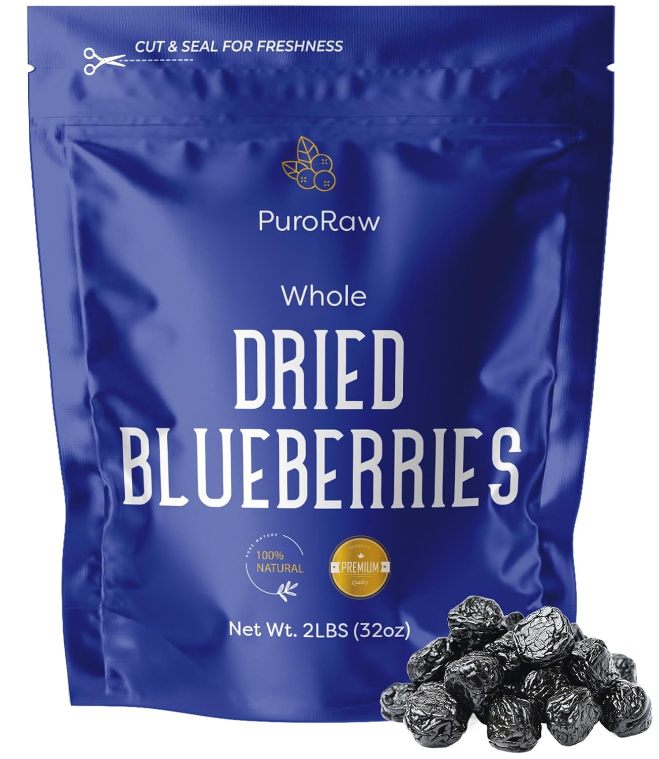 PuroRaw Dried Blueberries No Sugar Added, 2 lbs. Blue Berries Fruit, Dehydrated Blueberries Fresh Dried Blueberries Bulk, Blueberry Raisins. All Natural, Non-GMO, Batch Tested, 2 pounds