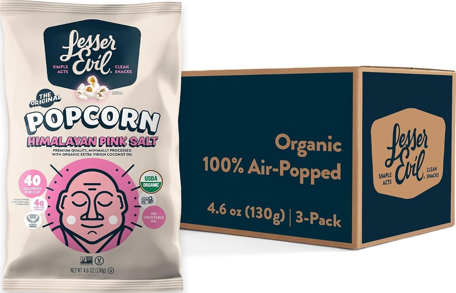 LesserEvil Himalayan Pink Salt Organic Popcorn, Premium Quality, Minimally Processed, No Vegetable Oil, 4.6 Oz, (Pack of 3)