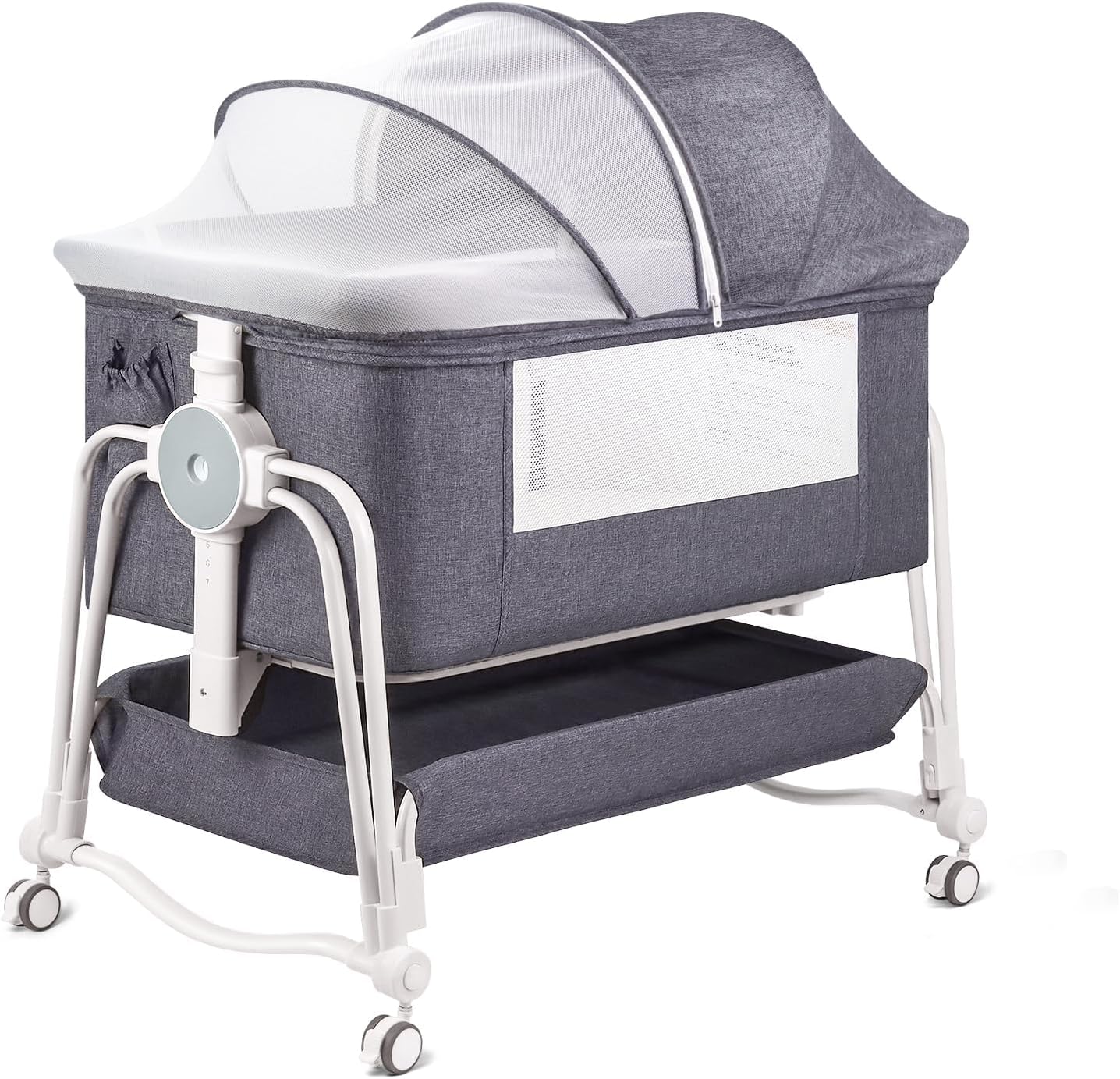 suihuooo 4 In 1 Baby Crib, Next to Me Crib, 7 Level Adjustable Bedside Bed for Baby with Wheels, Storage, Mosquito Net and Matress Included, Portable Cribs for Newborn Infant (Grey)