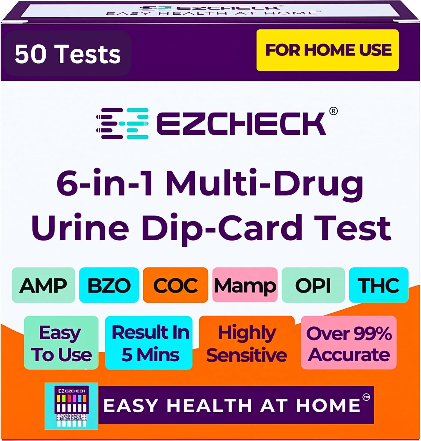[50 Pack] EZCHECK® 6-Panel Drug Test - at-Home Rapid Urine Screening Kit for 6 Most Used Drugs: (THC-Marijuana, BZO-Benzos, MET-Meth, OPI/MOP-Opiates, AMP-Amphetamine, COC) - FSA/HSA Eligible