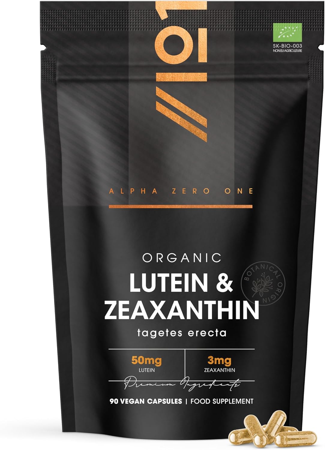 Organic Lutein & Zeaxanthin – 50mg Lutein & 3mg Zeaxanthin from Organic Marigold Flower Extract – 90 Vegan Capsules – Resealable and Recyclable Pouch by Alpha01